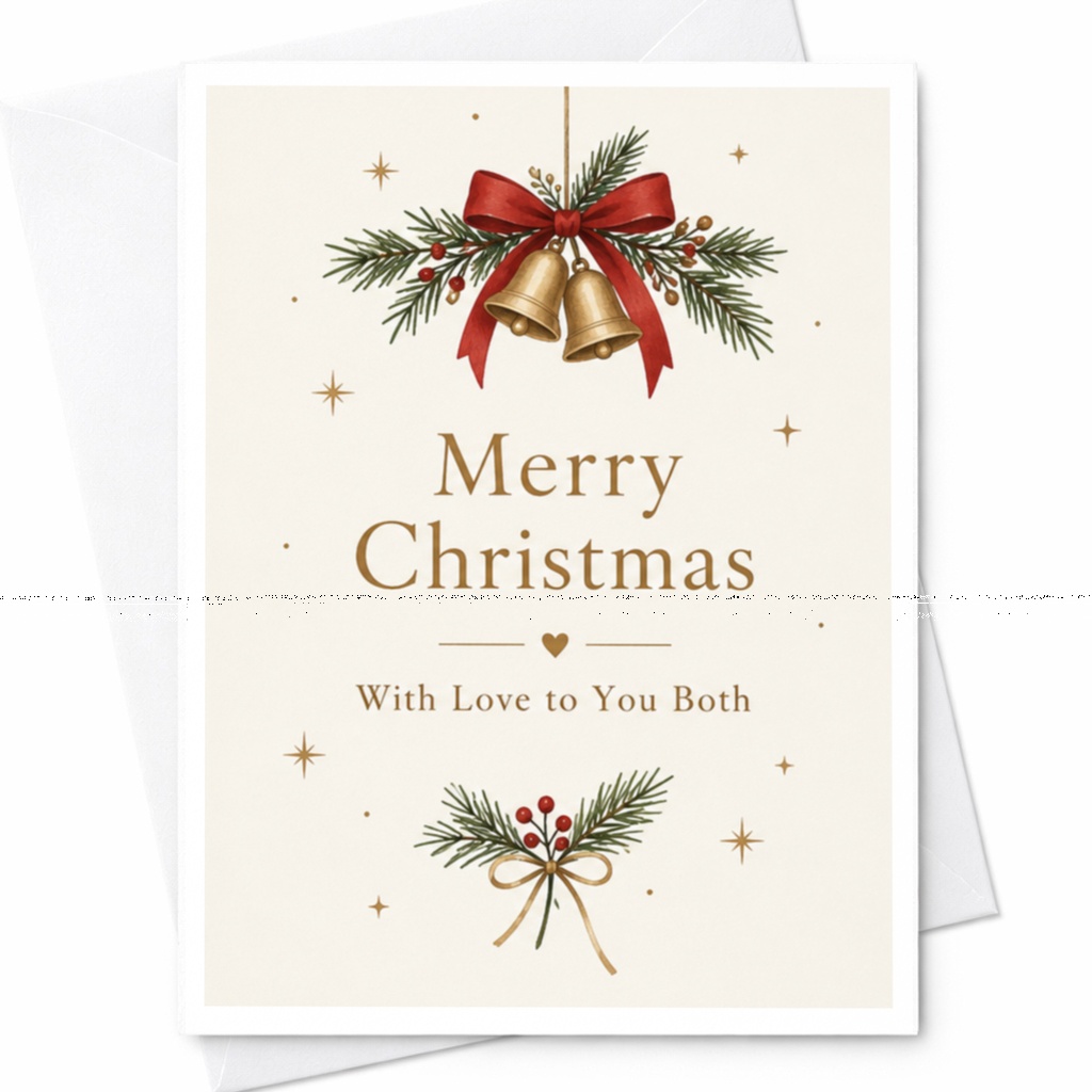 Merry Christmas With Love To You Both Christmas Card Bells Greenery Holiday Greeting Card For Couple Festive Card C7355