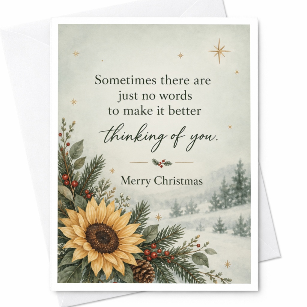 Sometimes There Are Just No Words Thinking Of You Merry Christmas Card Sunflower Pine Holiday Greeting Card For Friend C7406