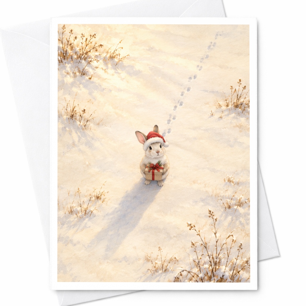 Bunny With Gift Christmas Card Cute Winter Animal Greeting Card For Kids Holiday Card Adorable Snow Scene Festive Card C7407