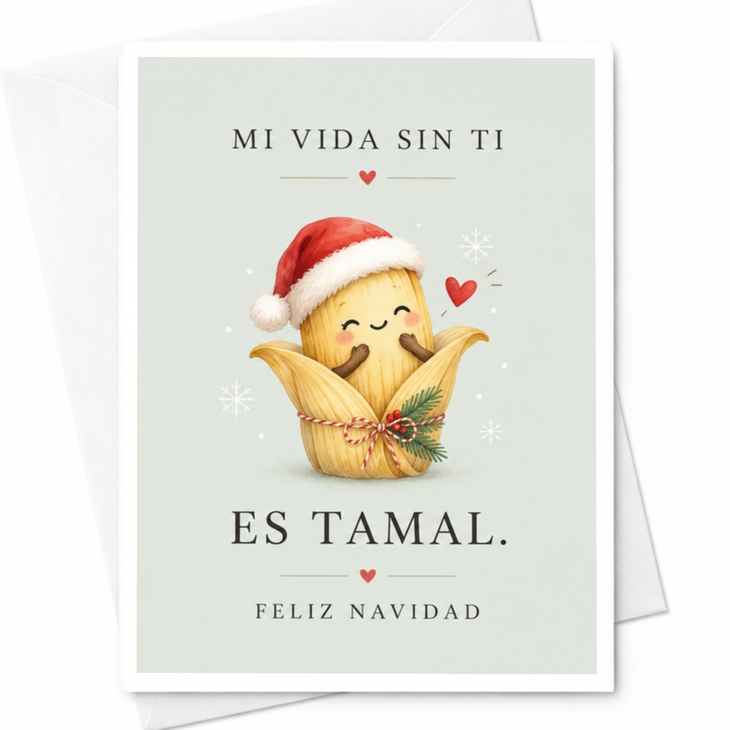 Mi Vida Sin Ti Es Tamal. Feliz Navidad Cute Christmas Card Tamale Santa Hat Funny Holiday Card For Friend Family C7358