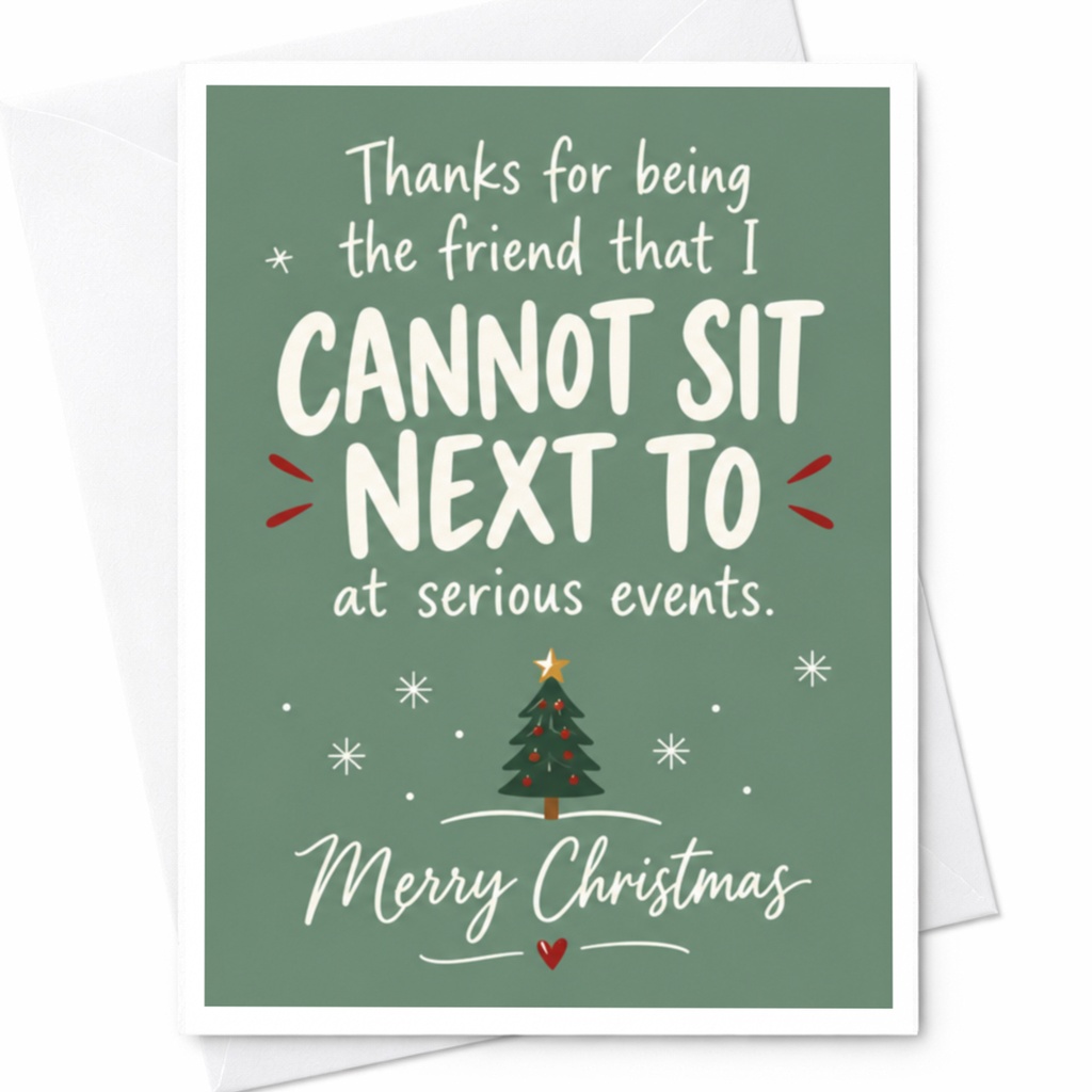 Thanks For Being The Friend That I Cannot Sit Next To At Serious Events. Merry Christmas Funny Christmas Card For Friend C7360