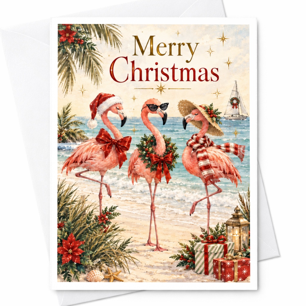 Merry Christmas Flamingo Card Tropical Holiday Greeting Card Beach Theme Festive Flamingos Christmas Card For Friends Family C7361