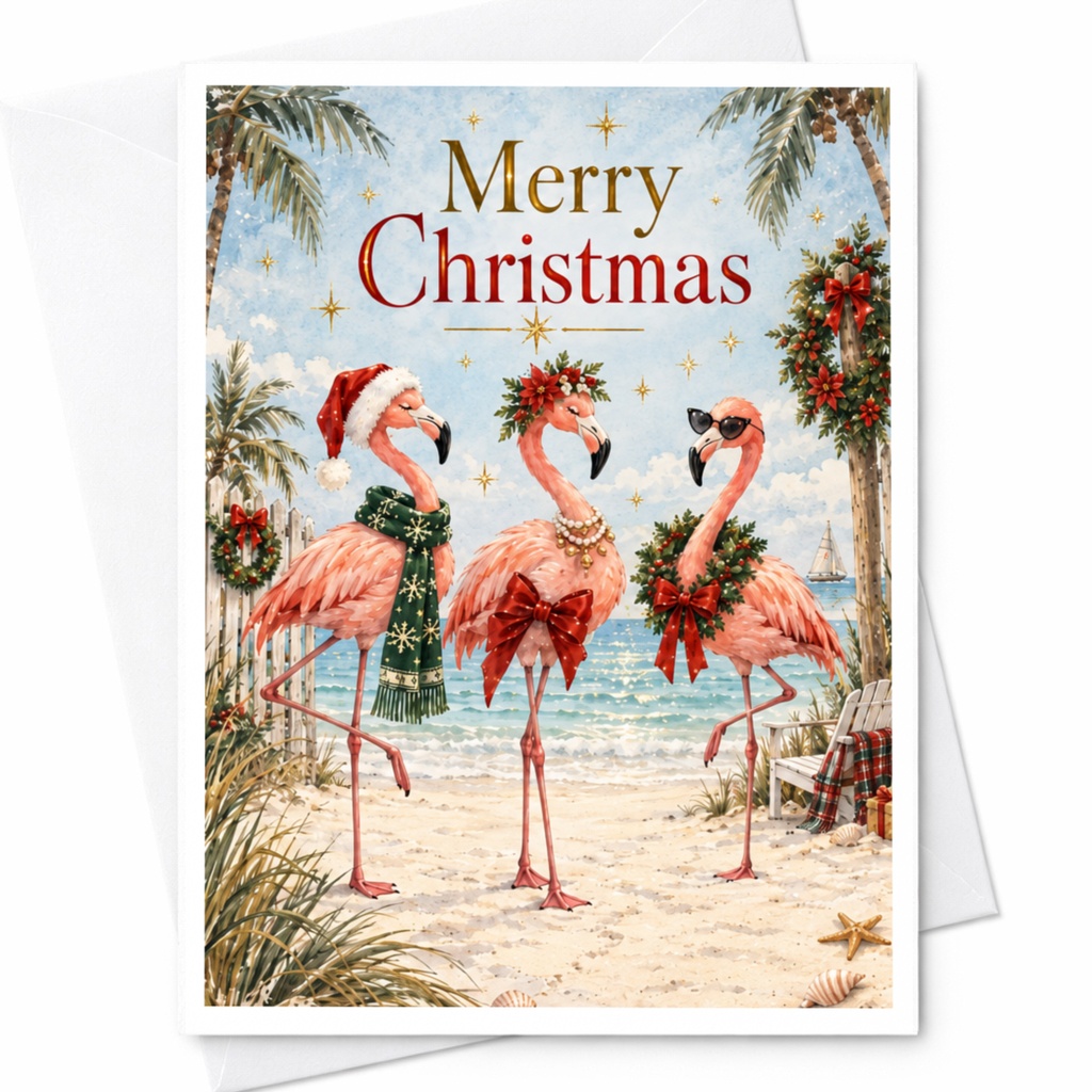 Merry Christmas Flamingo Beach Card Cute Holiday Greeting Card Tropical Christmas Card For Her Fun Festive Card C7362