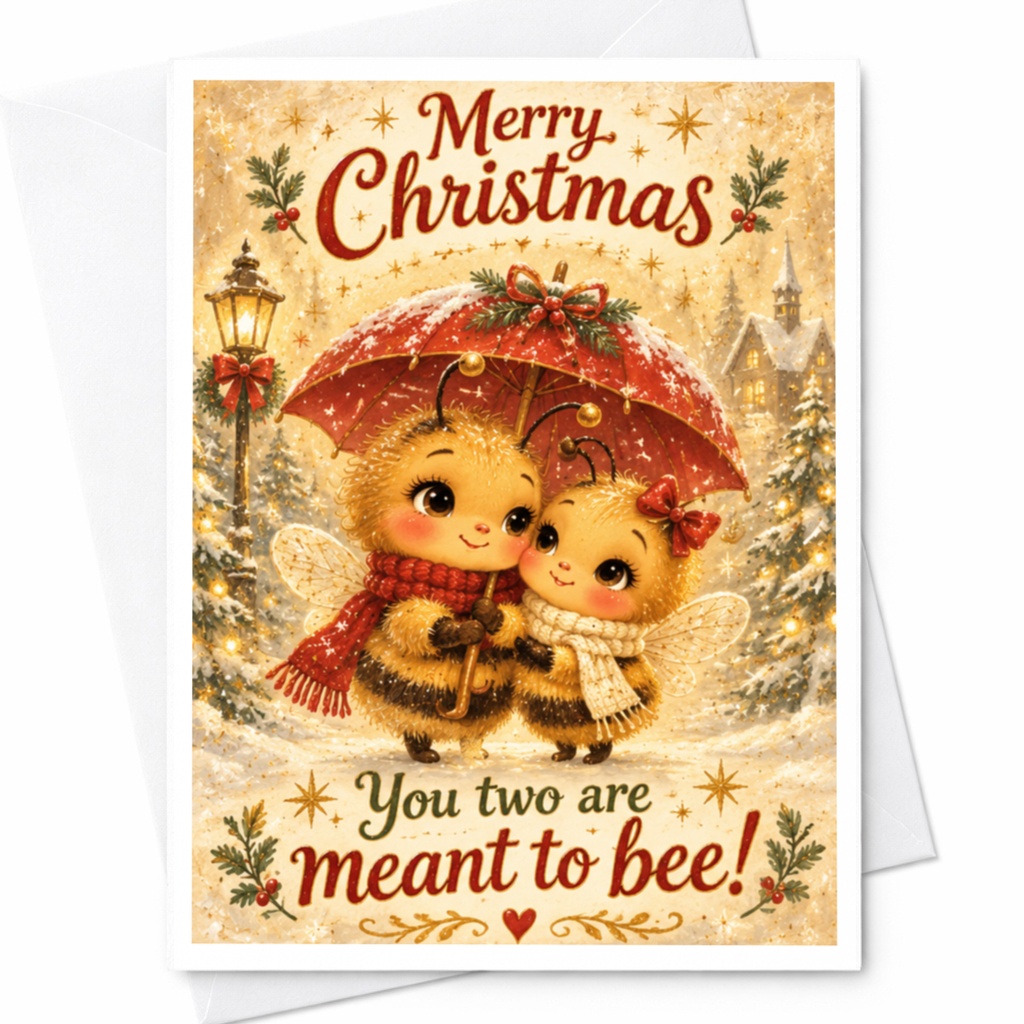 Merry Christmas You Two Are Meant To Bee Cute Christmas Card For Couple Romantic Holiday Greeting Card Adorable Bee C7365