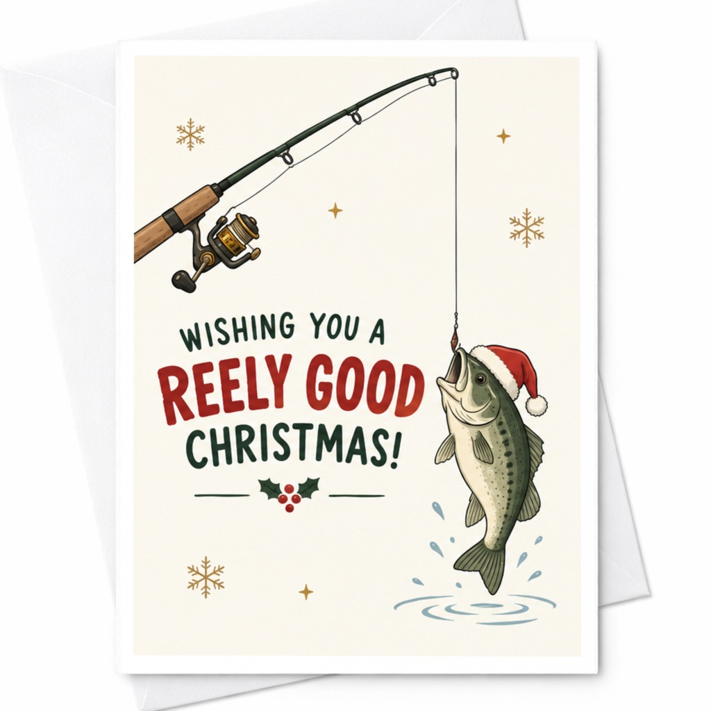 Wishing You A Reely Good Christmas! Funny Fishing Christmas Card For Fisherman Holiday Greeting Card Cute Santa Fish C7419