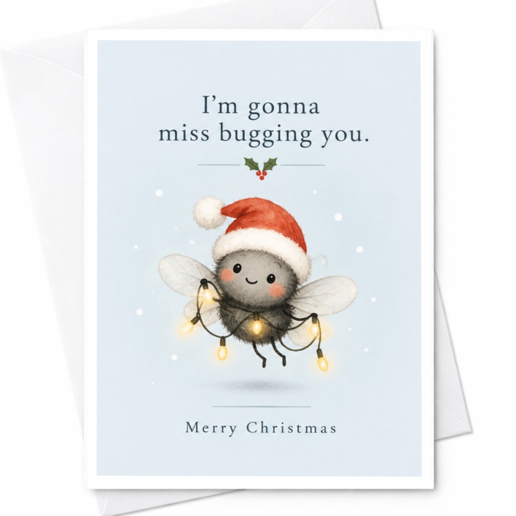 I'm Gonna Miss Bugging You Merry Christmas Card Cute Bug Santa Hat Holiday Greeting Card For Friend Funny Xmas Card C7372