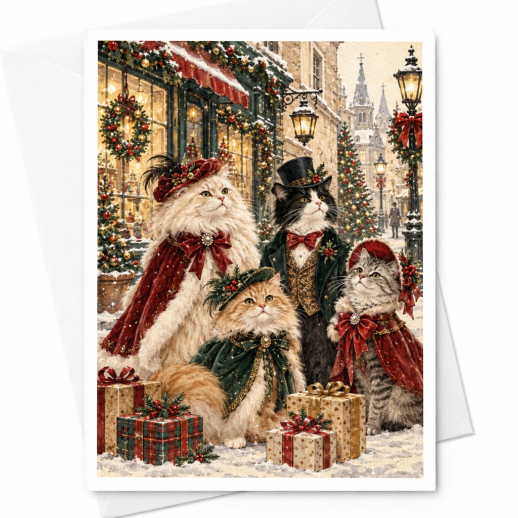 Victorian Cats Christmas Card Festive Holiday Greeting Card For Cat Lover Cute Winter Scene With Gifts And Snow C7425