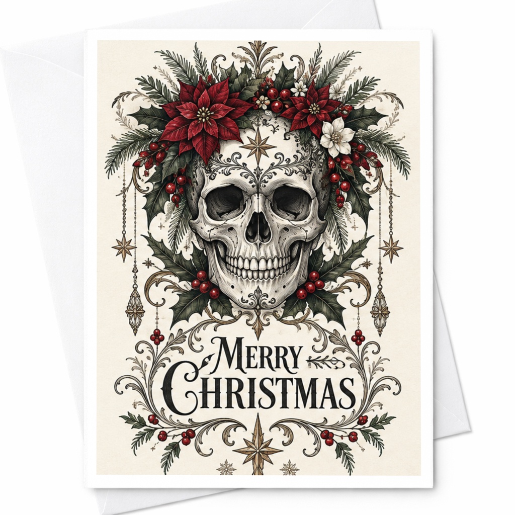 Merry Christmas Gothic Skull Card Unique Holiday Greeting Card Dark Floral Wreath Christmas Card For Him Her Alternative Xmas C7377