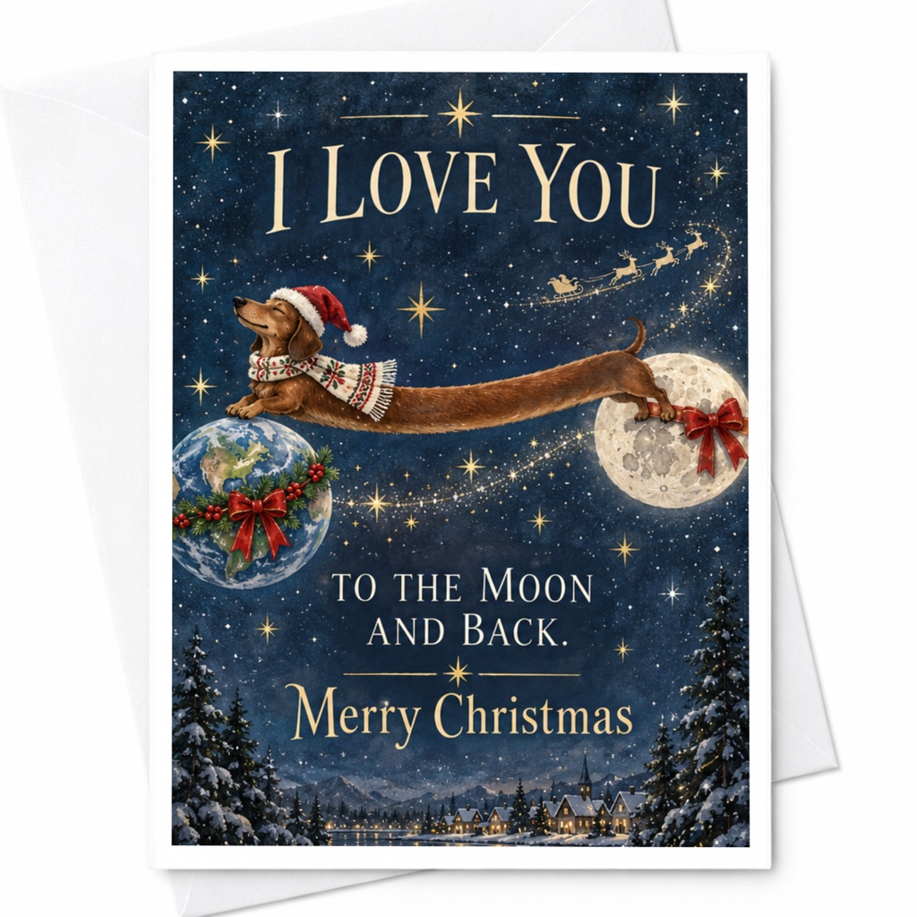I Love You To The Moon And Back. Merry Christmas Card Cute Dog Santa Hat Holiday Card For Dog Lover Festive Greeting Card C7429