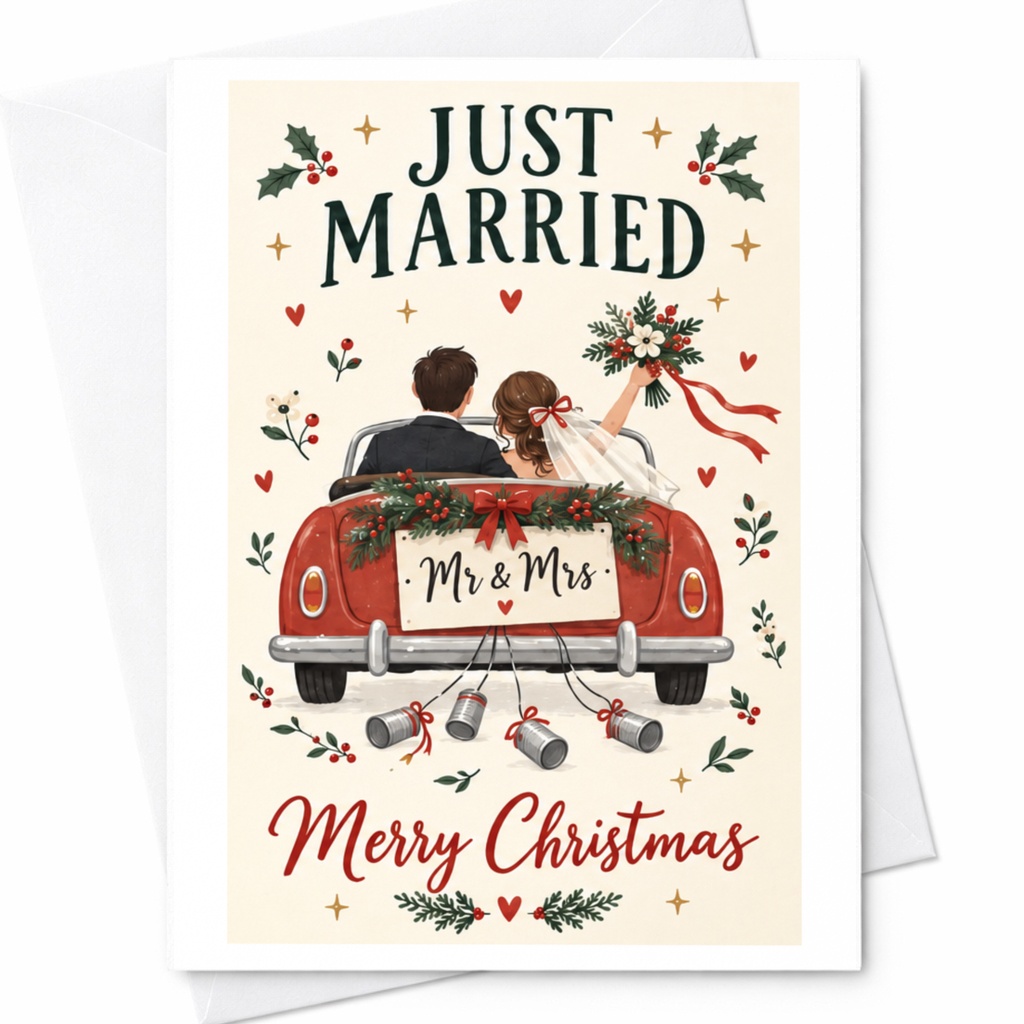 Just Married Mr & Mrs Merry Christmas Wedding Card Holiday Newlyweds Couple Festive Greeting Card For Bride Groom C7430