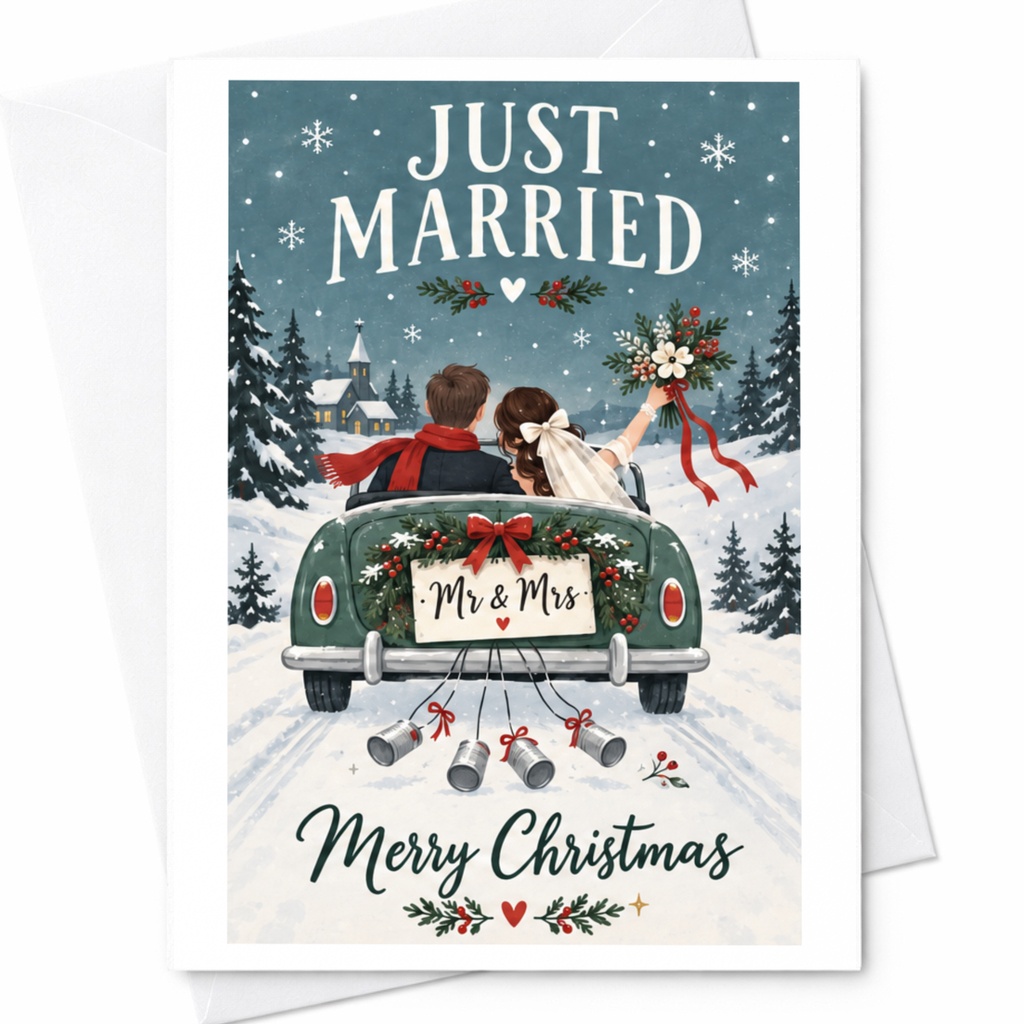 Just Married Mr & Mrs Merry Christmas Wedding Card Holiday Newlyweds Greeting Card Festive Couple Celebration C7431