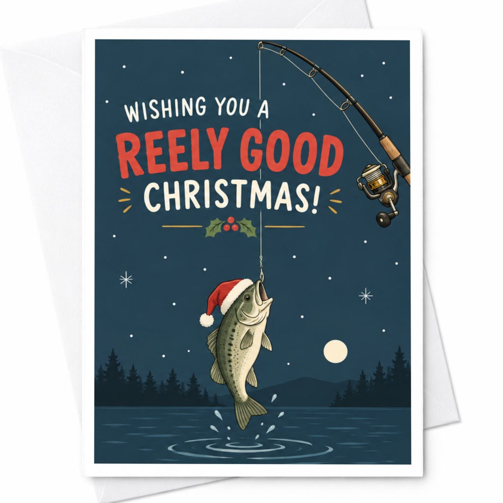 Wishing You A Reely Good Christmas! Funny Fishing Christmas Card For Fisherman Holiday Greeting Card With Fish Santa Hat C7420