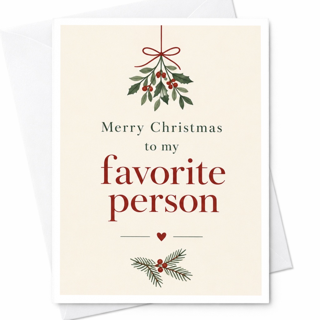 Merry Christmas To My Favorite Person Holiday Card Cute Christmas Card For Loved One Romantic Xmas Greeting Card With Mistletoe C7421