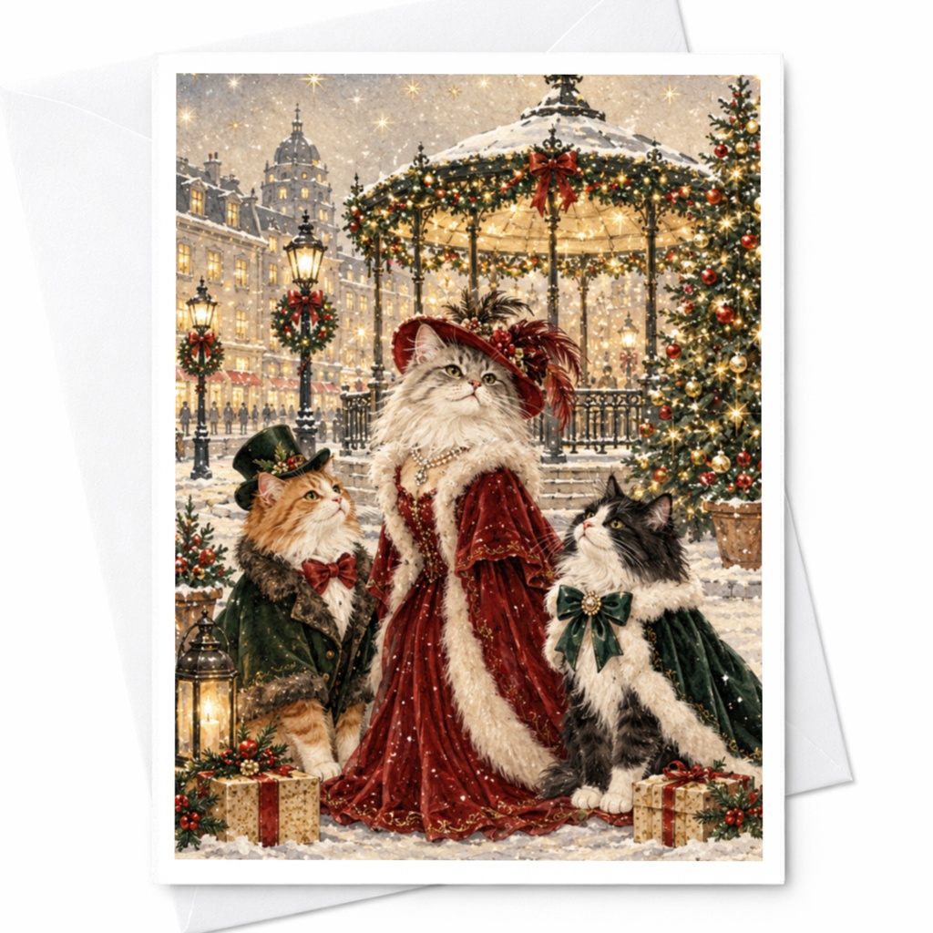 Victorian Cats Christmas Card Elegant Winter Scene Holiday Greeting Card For Cat Lover Festive Animal Art Card C7426