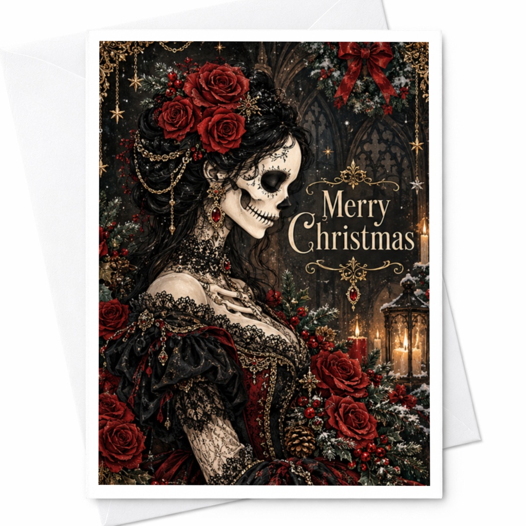 Merry Christmas Gothic Skeleton Lady Card Unique Holiday Greeting Card Dark Roses Christmas Card For Her Elegant Gothic Style C7427