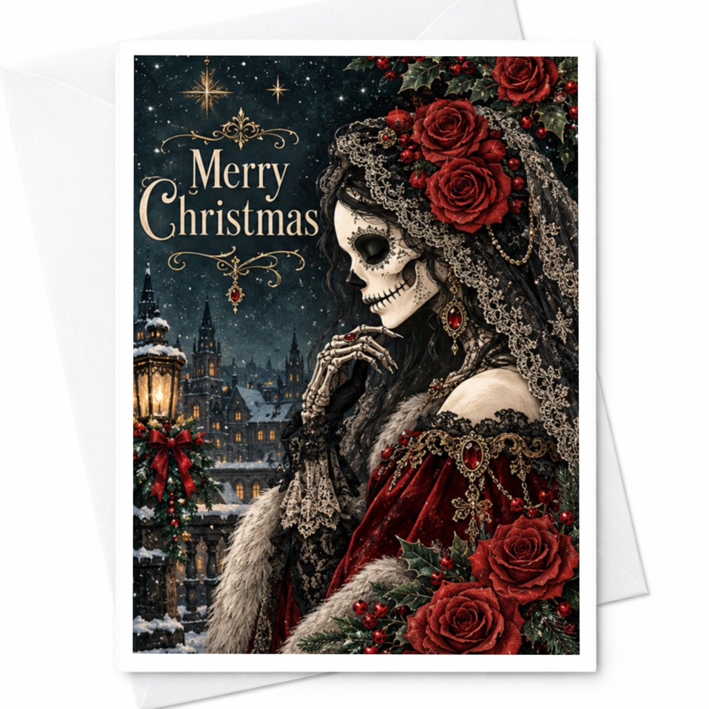 Merry Christmas Gothic Skeleton Lady Card Unique Holiday Greeting Card Dark Christmas Art Red Roses C7428