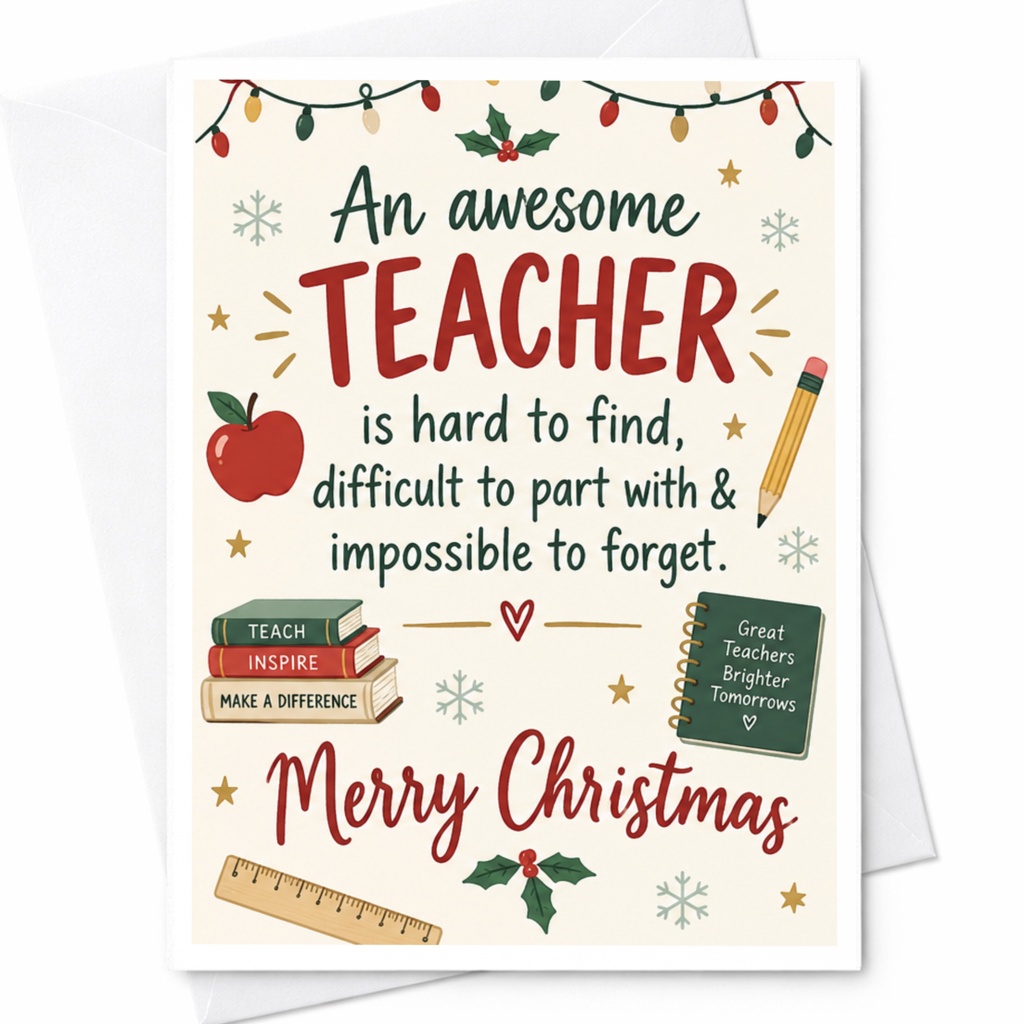 An Awesome Teacher Christmas Card Teacher Appreciation Holiday Greeting Card For Teacher From Student Festive Xmas Card C7432