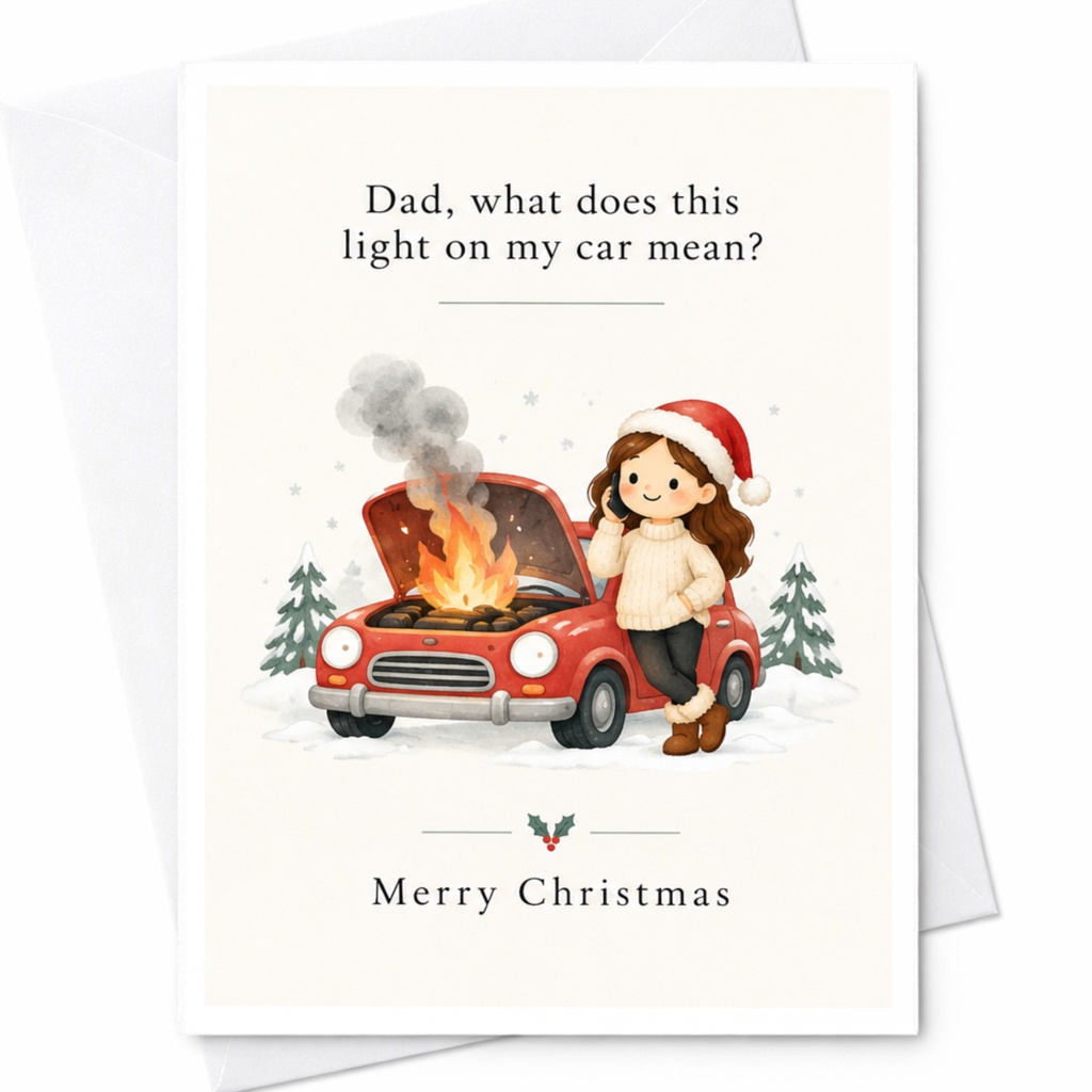 Dad, What Does This Light On My Car Mean? Merry Christmas Funny Christmas Card For Dad Cute Holiday Greeting Card With Car Illustr C7438