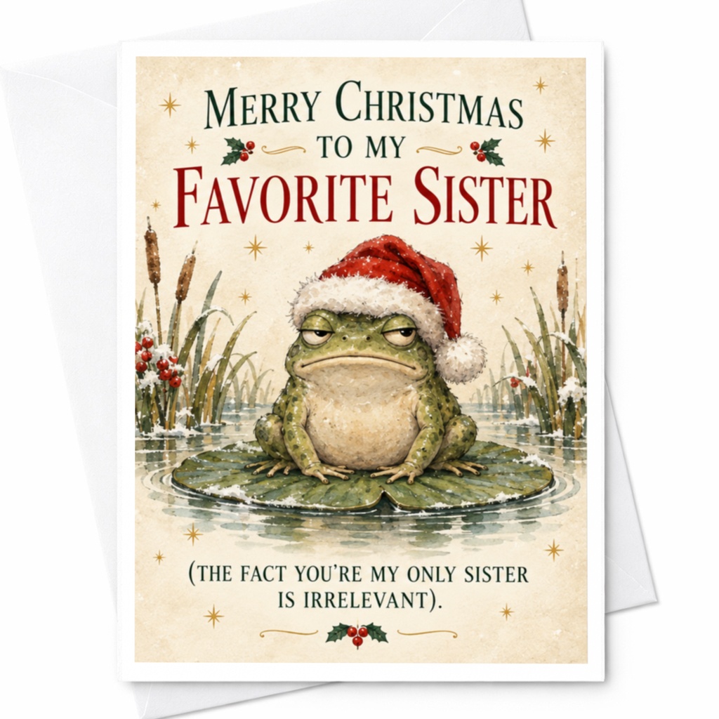 Merry Christmas To My Favorite Sister Funny Christmas Card For Sister Cute Frog With Santa Hat Holiday Greeting Card C7444