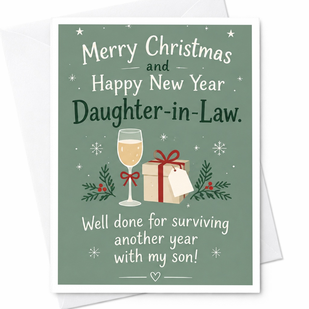 Merry Christmas And Happy New Year Daughter-In-Law Funny Christmas Card Well Done Surviving With My Son Holiday Card C7447