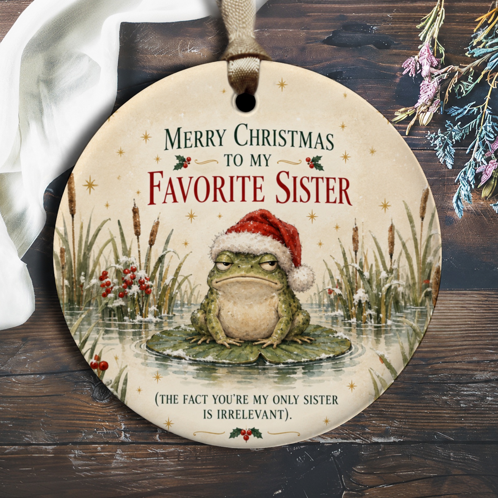 Merry Christmas To My Favorite Sister Ornament Funny Frog Santa Hat Christmas Ornament For Sister Holiday Decor Gift O3064