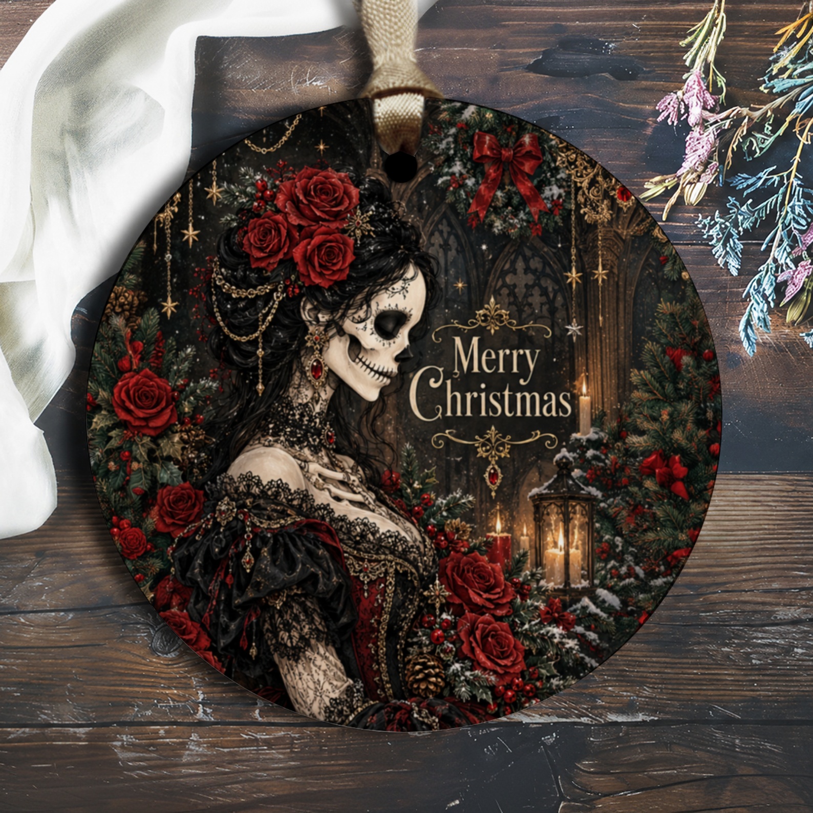 Merry Christmas Gothic Skeleton Ornament Victorian Style Holiday Decor Red Roses Unique Christmas Tree Decoration O3081