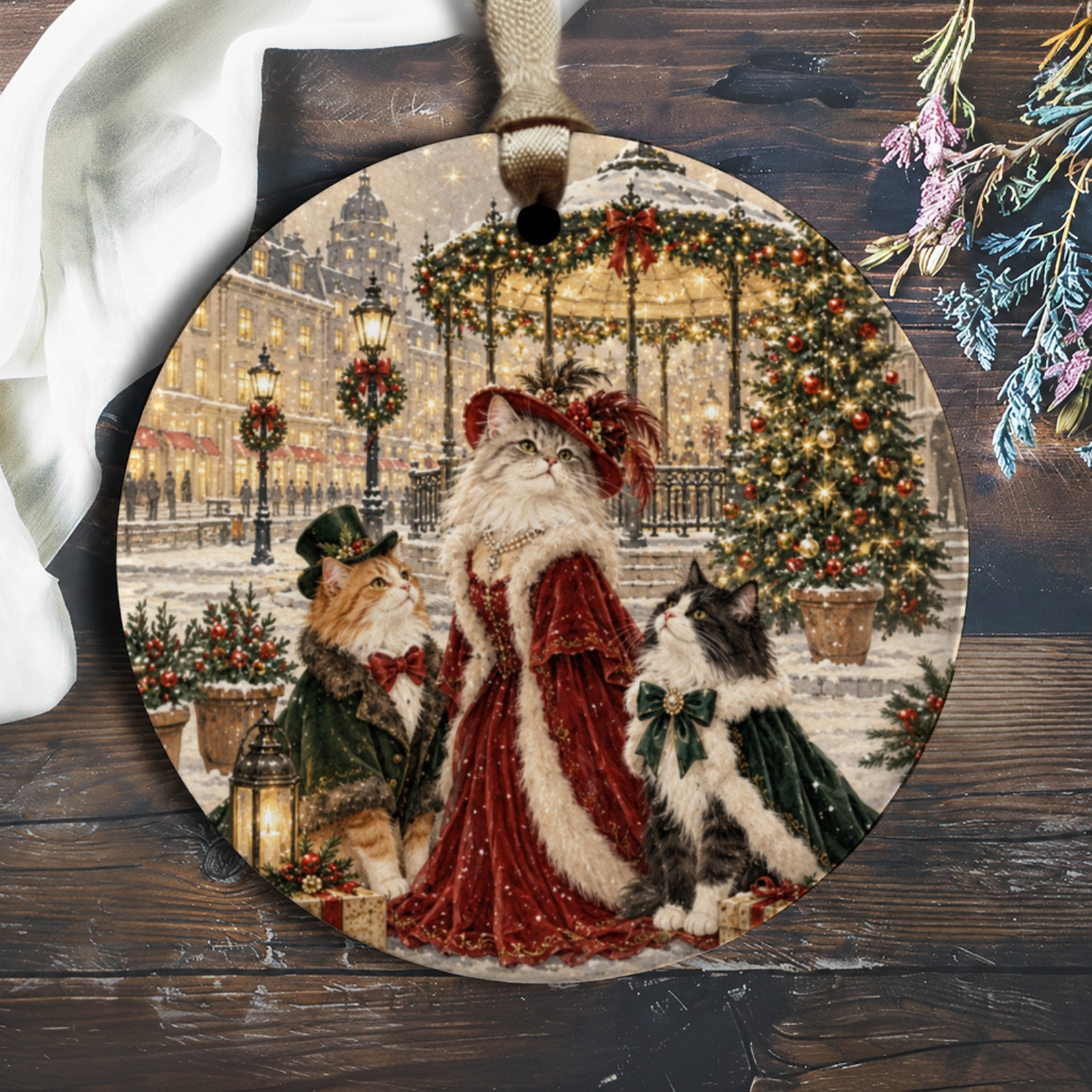 Victorian Cats Christmas Ornament Festive Winter Scene Holiday Decor Cat Lover Gift Vintage Style Decoration O3082