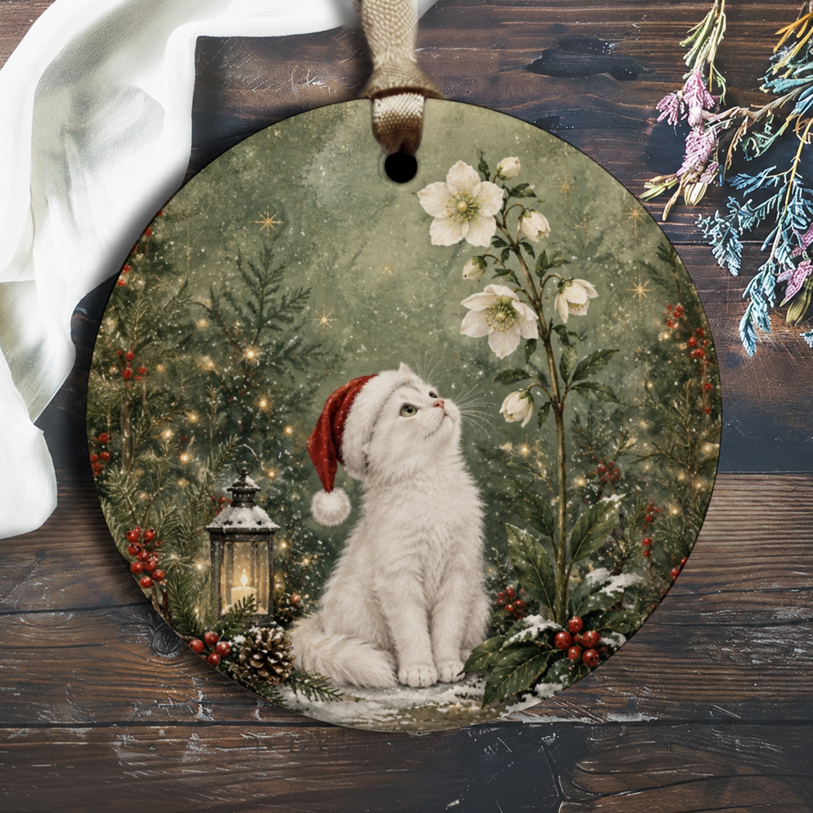 Christmas Cat Ornament Cute Holiday Decor White Kitten With Santa Hat Lantern Winter Scene Festive Decoration Gift O3112