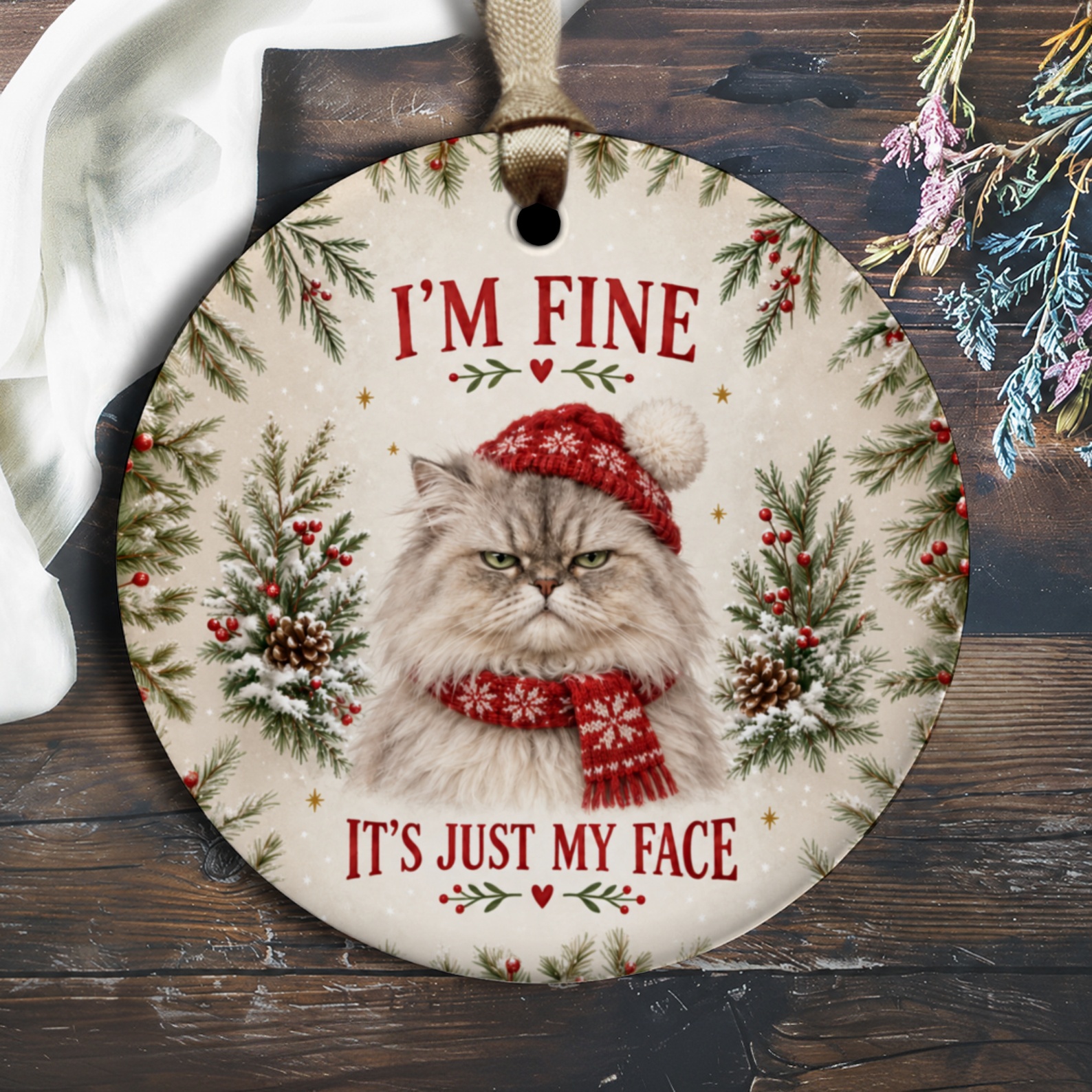I'm Fine It's Just My Face Funny Cat Christmas Ornament Grumpy Cat Holiday Decor Cute Animal Lover Gift Winter Decoration O3120