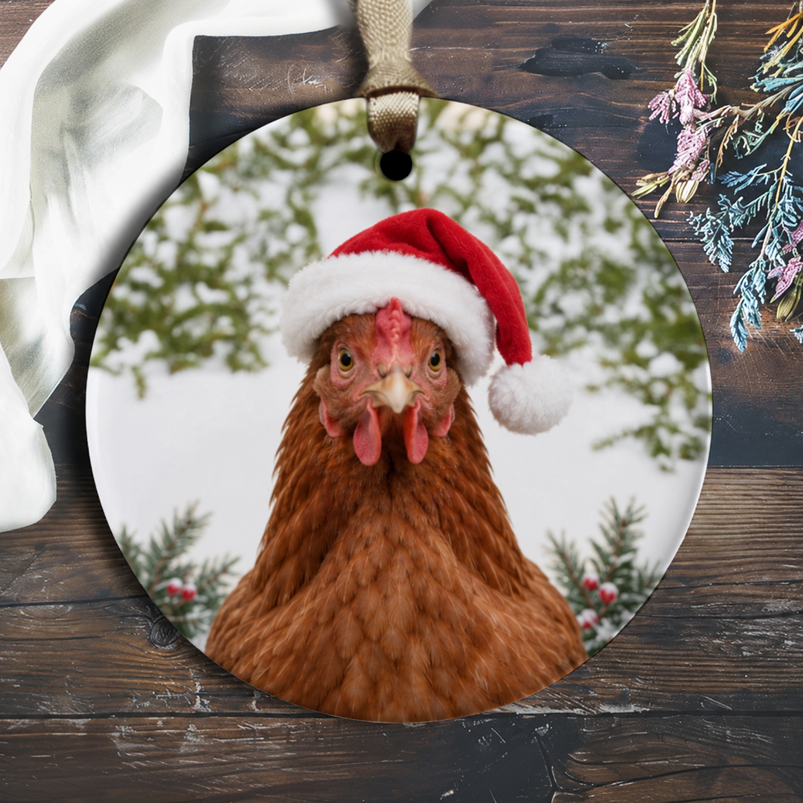 Chicken With Santa Hat Christmas Ornament Funny Holiday Decor Farm Animal Lover Gift Cute Festive Tree Decoration O3122