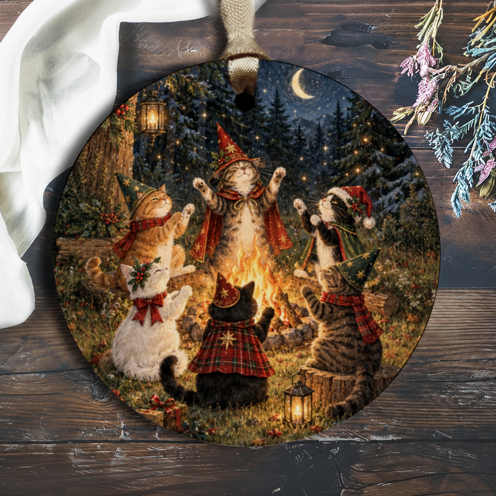 Christmas Cats Ornament Festive Holiday Decor Cute Cat Lover Gift Winter Campfire Scene Adorable Feline Christmas Tree Ornament O3126