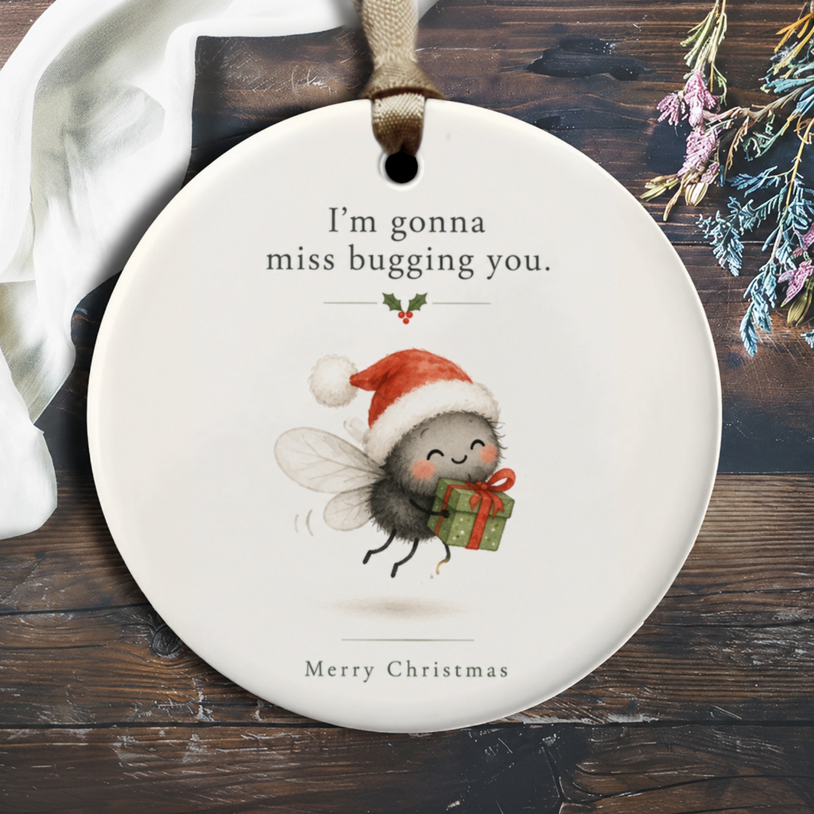 I'm Gonna Miss Bugging You Merry Christmas Ornament Cute Bug Santa Hat Gift Holiday Decor Funny Xmas Ornament O3134