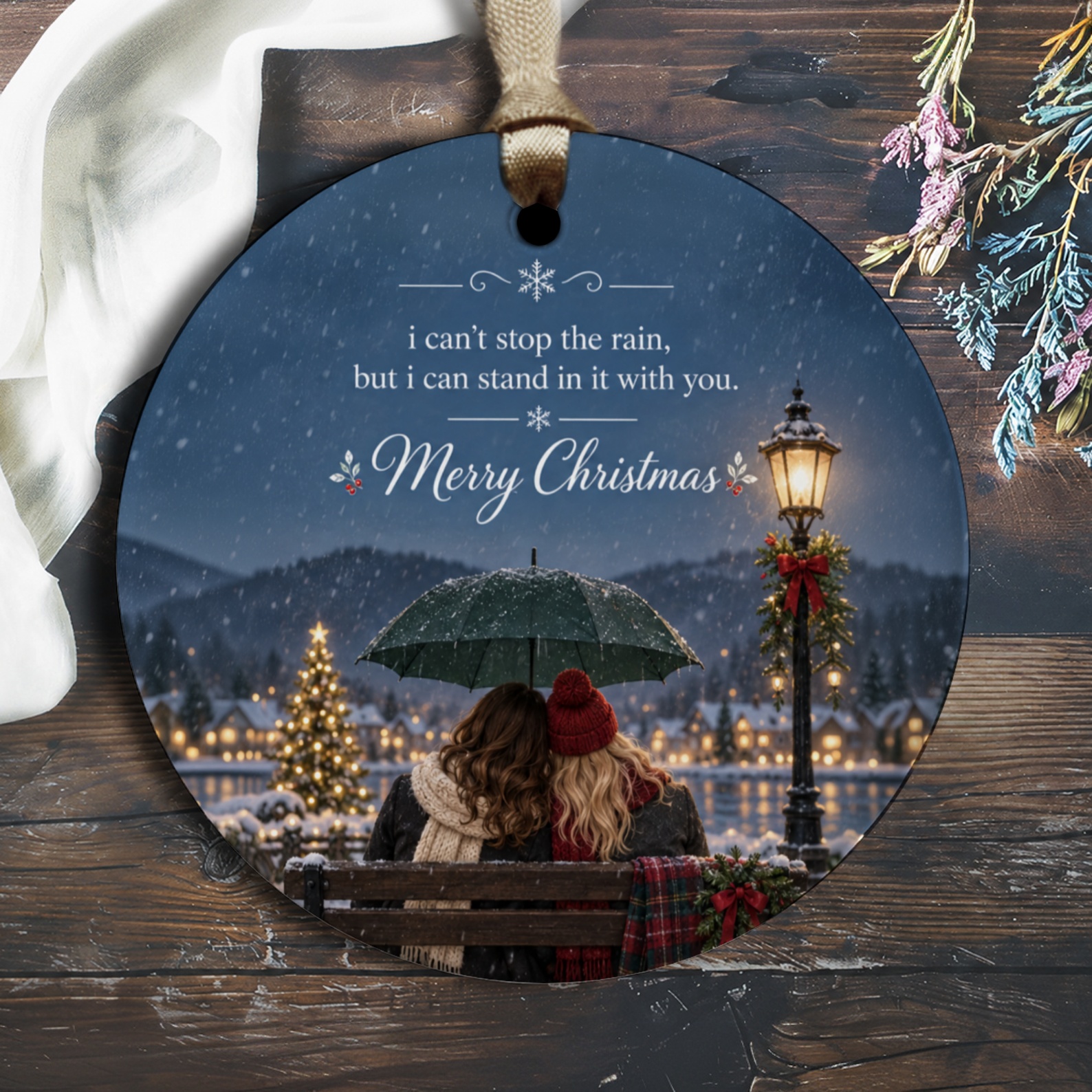 I Can't Stop The Rain, But I Can Stand In It With You. Merry Christmas Ornament Romantic Winter Scene Couple Gift O3140