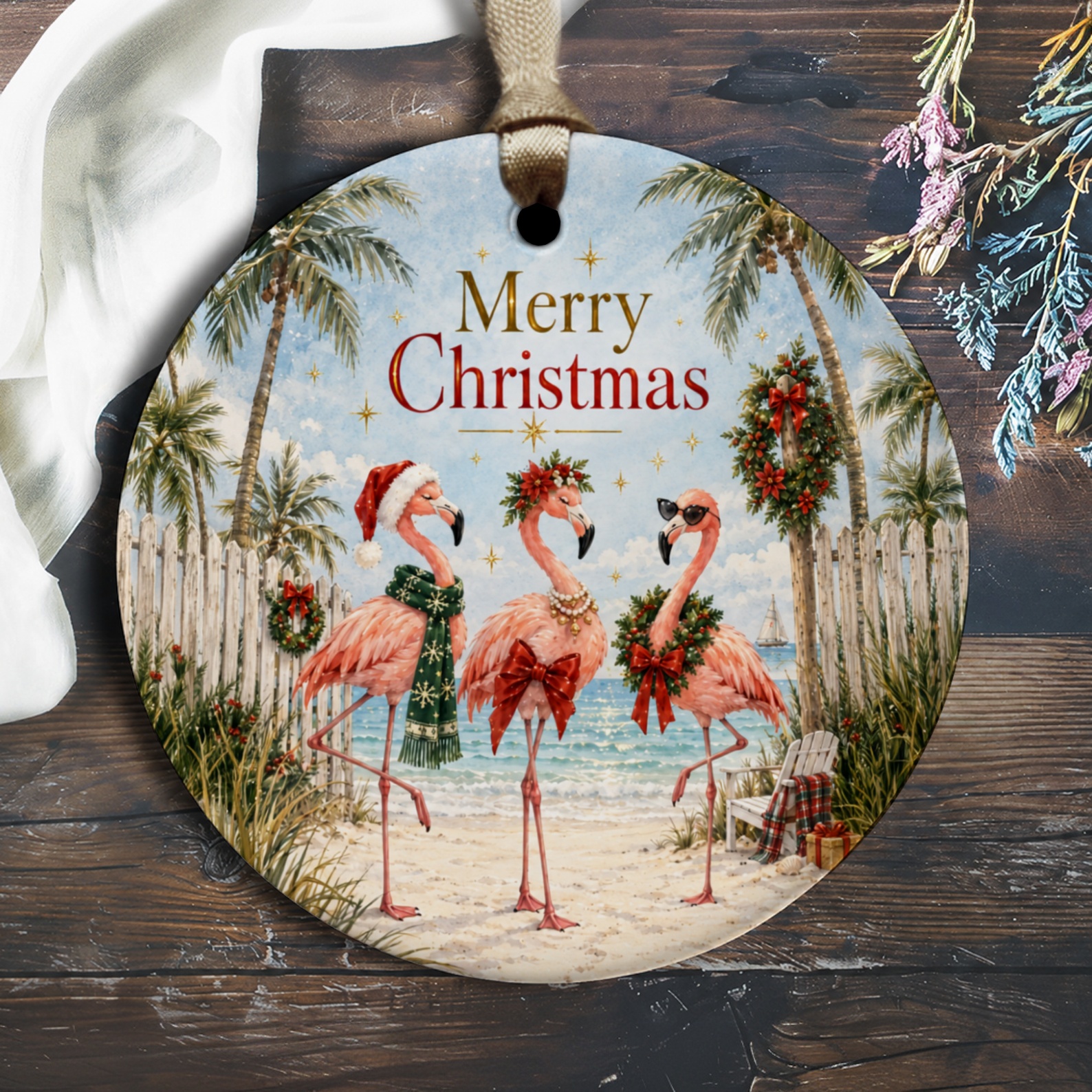 Merry Christmas Flamingo Ornament Beach Holiday Decor Tropical Christmas Decoration Coastal Xmas Gift O3142