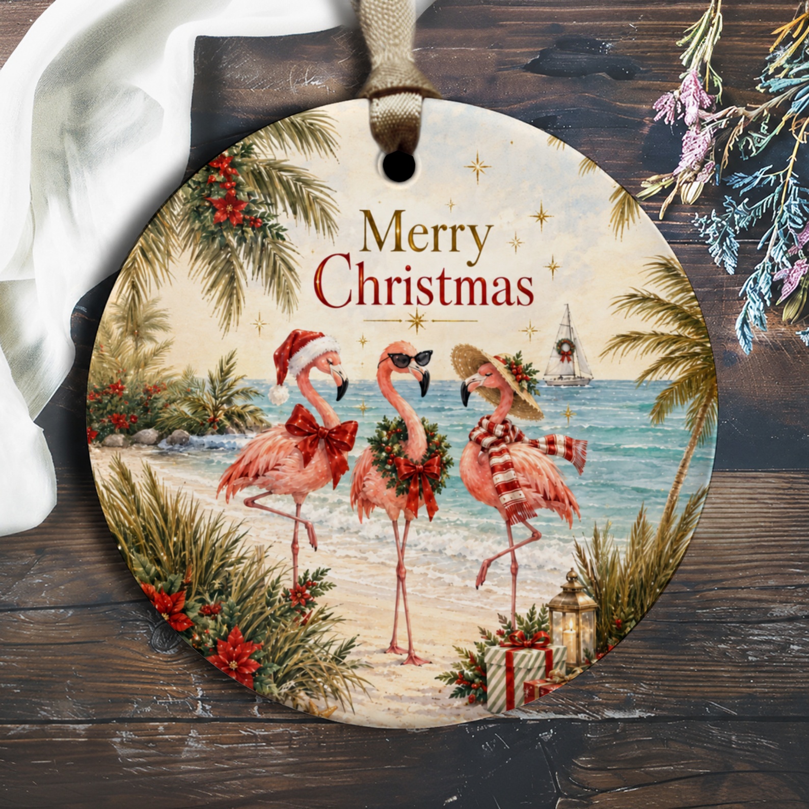 Merry Christmas Flamingo Ornament Beach Holiday Decor Tropical Christmas Tree Decoration Coastal Festive Ornament O3143