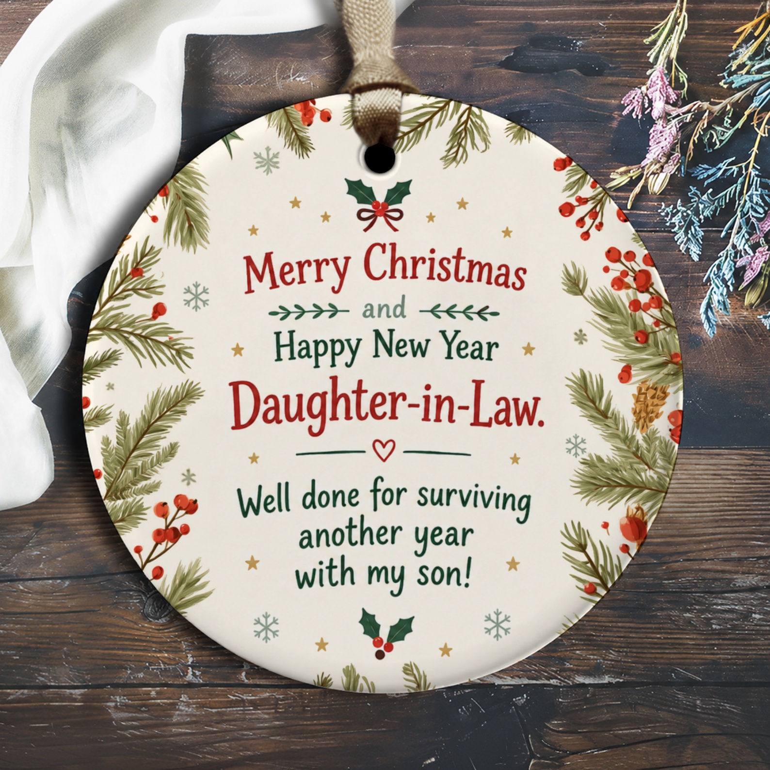 Merry Christmas And Happy New Year Daughter-In-Law Ornament Funny Holiday Decoration Festive Greenery Gift For Her O3062