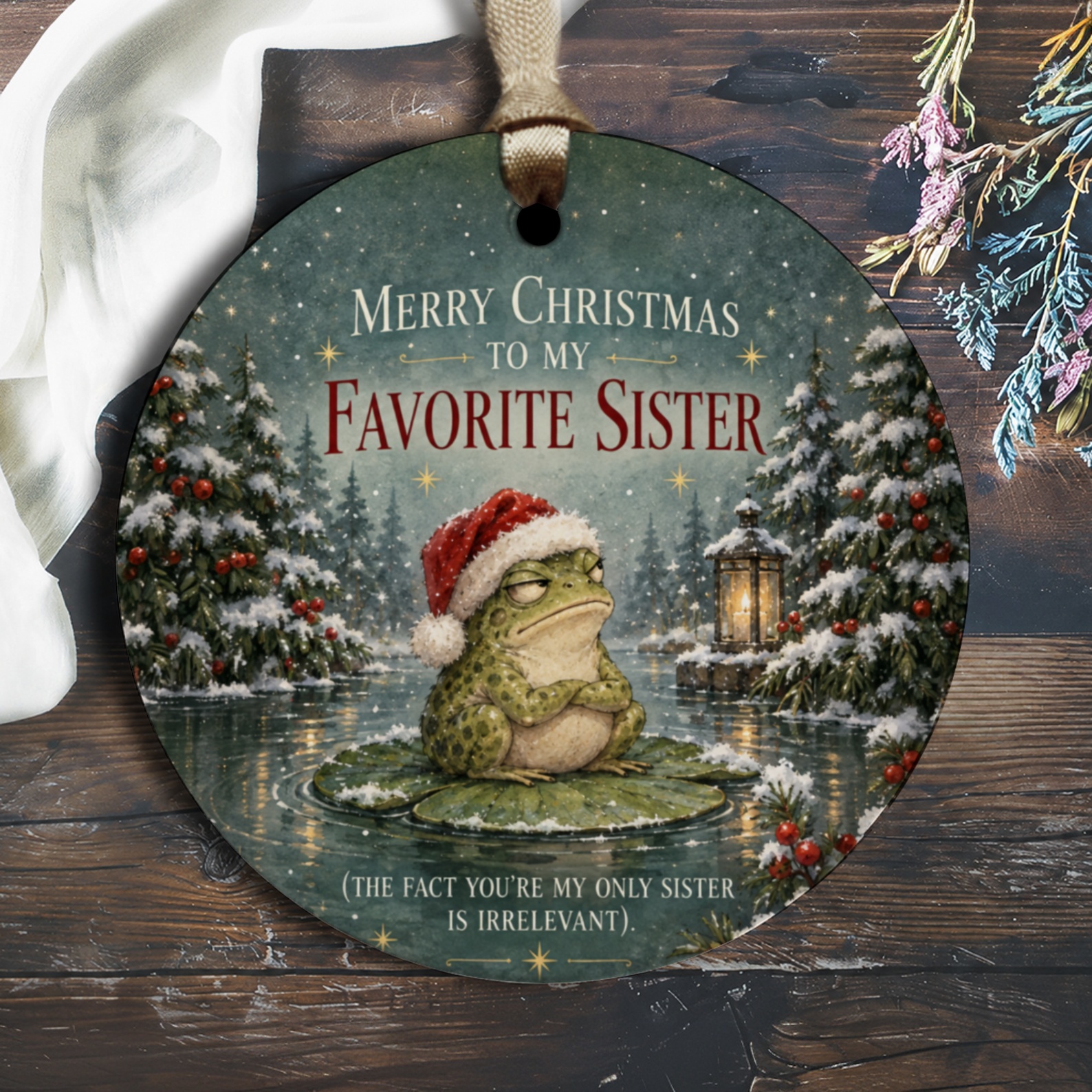 Merry Christmas To My Favorite Sister Ornament Funny Frog Santa Hat Christmas Tree Decoration Gift For Sister Holiday O3063