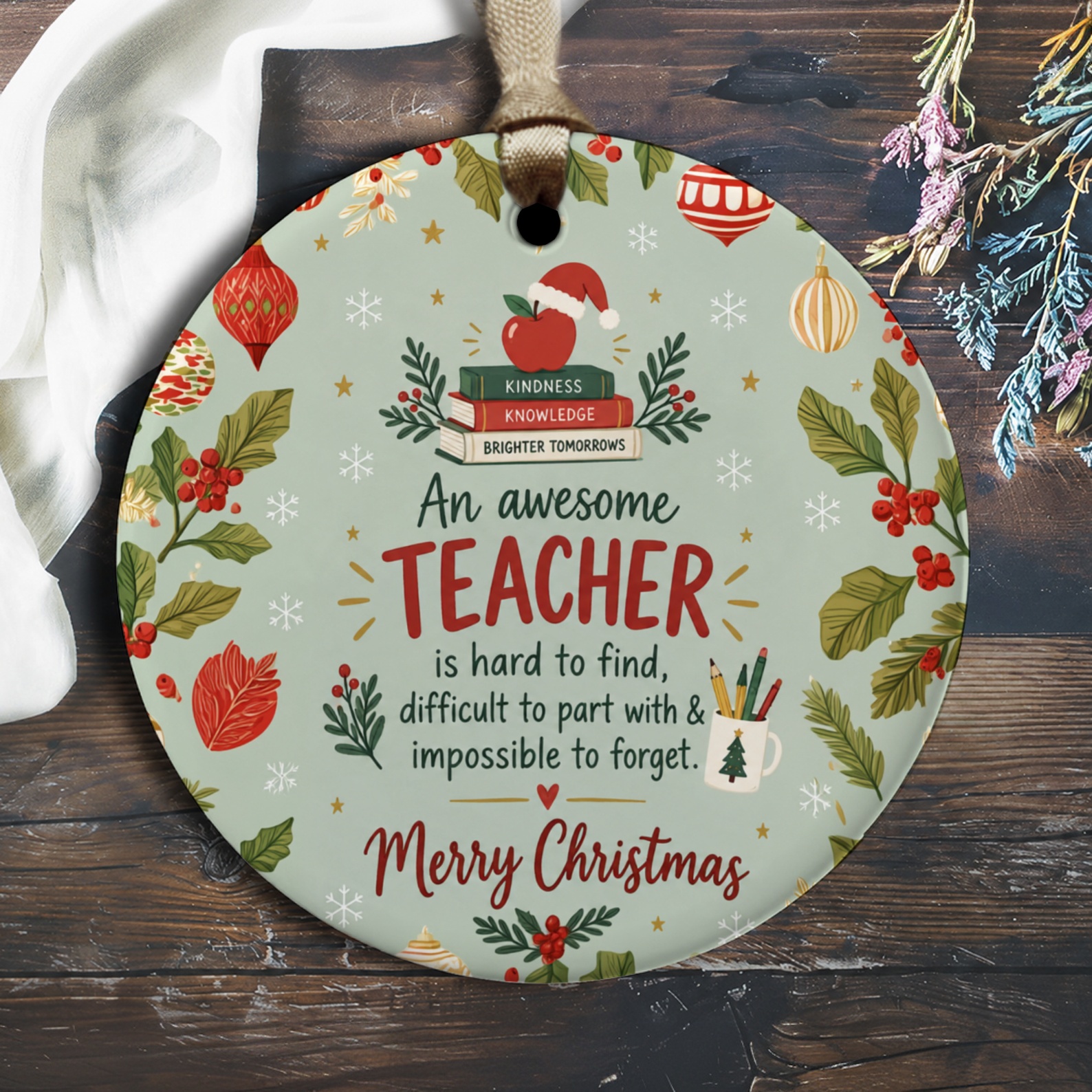 An Awesome Teacher Christmas Ornament Teacher Appreciation Holiday Gift Kindness Knowledge Brighter Tomorrows O3075