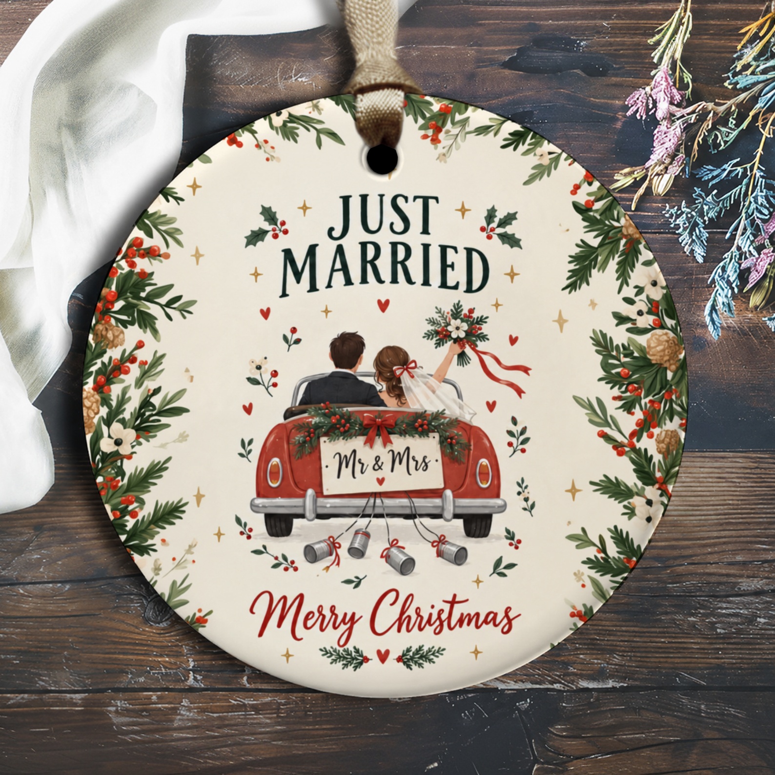 Just Married Merry Christmas Ornament Wedding Car Couple Holiday Decor Newlywed Gift Keepsake Christmas Tree Decoration O3077