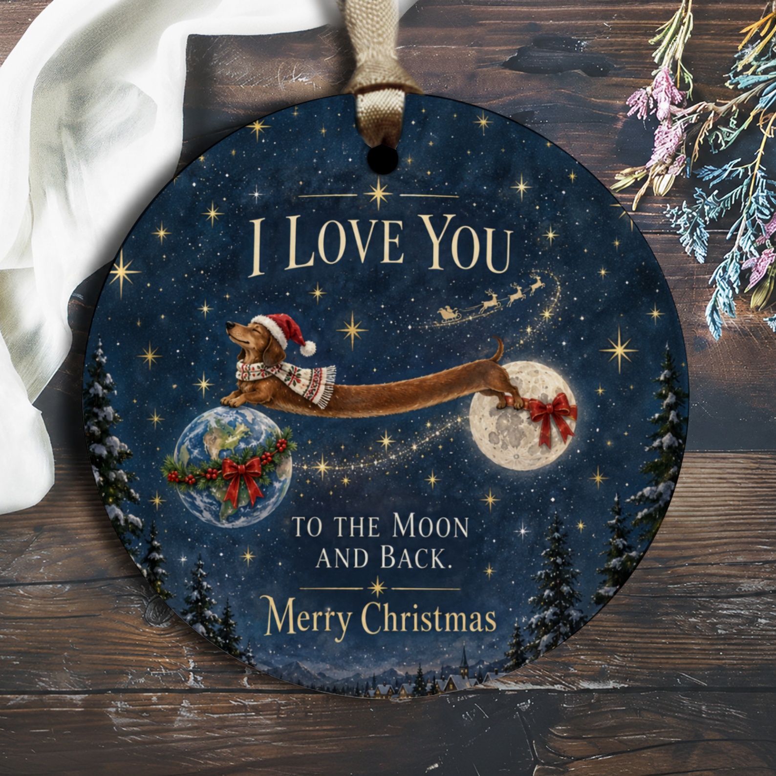 I Love You To The Moon And Back. Merry Christmas Ornament Cute Dog Holiday Decor Festive Gift For Dog Lover Xmas Tree Decoration O3078