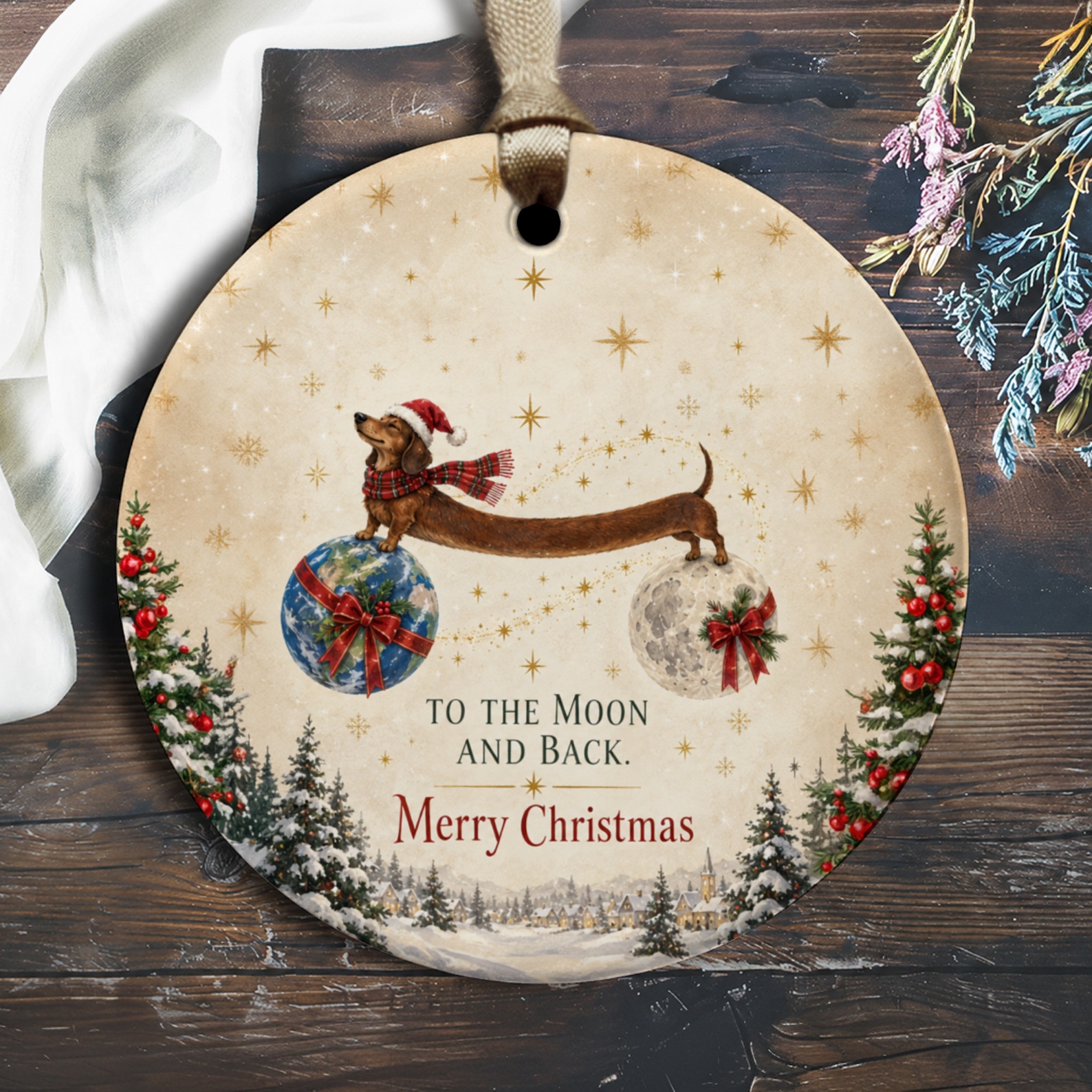 To The Moon And Back. Merry Christmas Dachshund Ornament Cute Dog Christmas Decor Festive Holiday Gift For Dog Lovers O3079