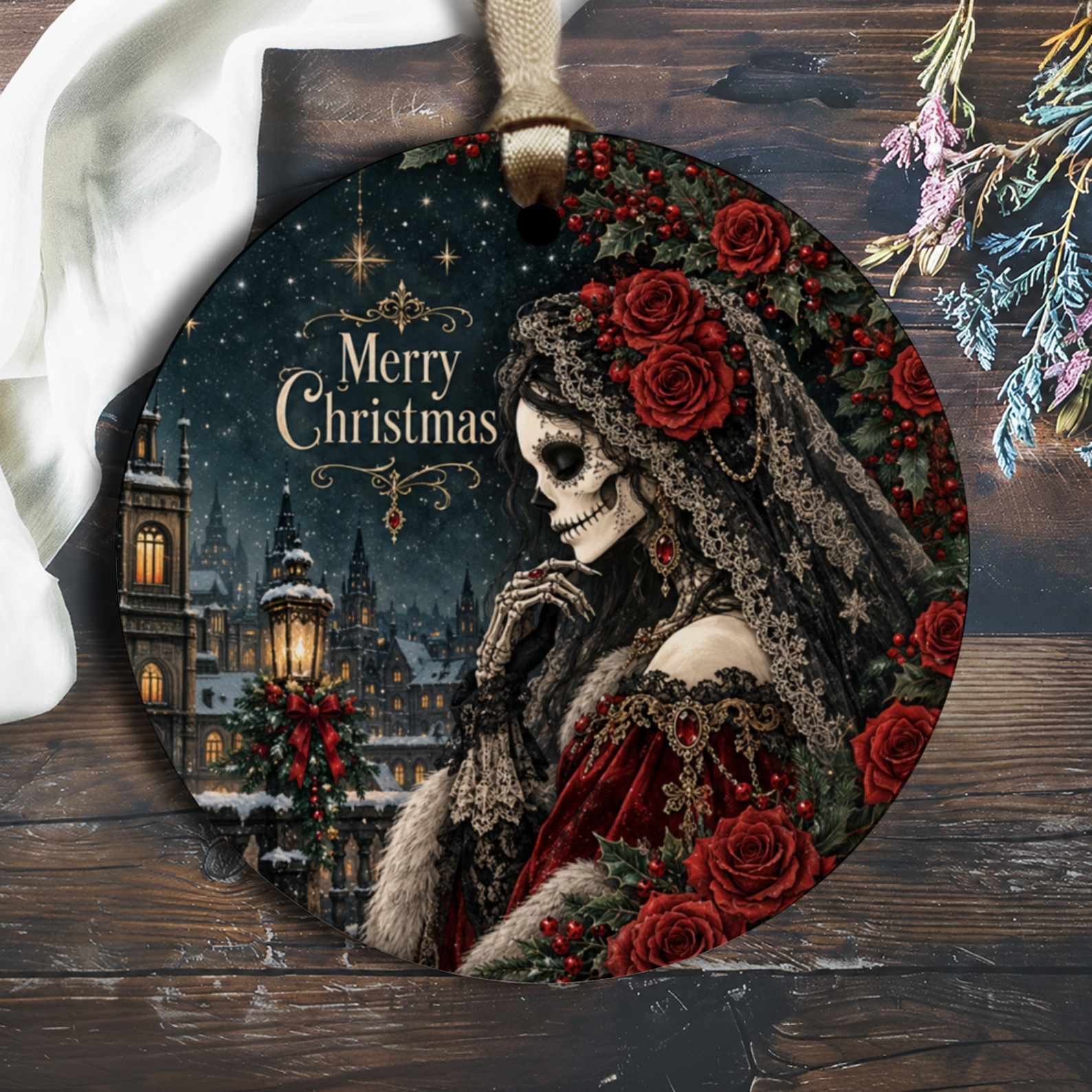 Merry Christmas Gothic Skeleton Bride Ornament Holiday Decor Victorian Style Red Roses Festive Winter Decoration O3080