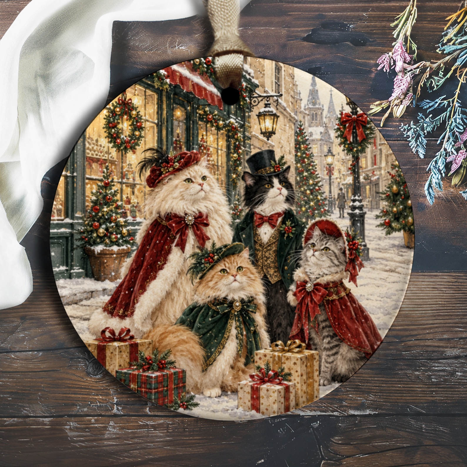 Victorian Cats Christmas Ornament Festive Holiday Decor Cute Cat Lover Gift Vintage Style Christmas Tree Decoration O3083