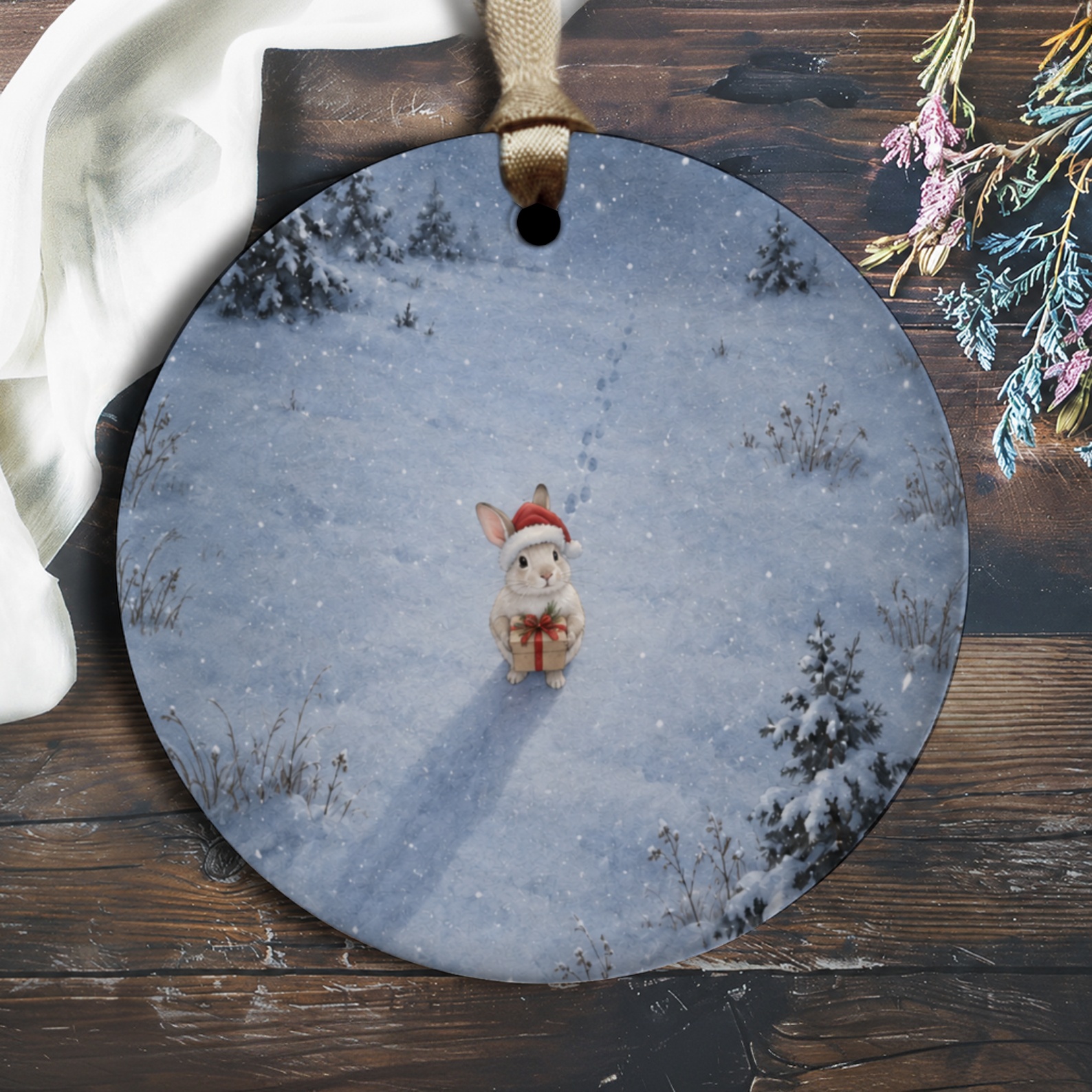 Christmas Bunny Ornament Cute Winter Animal Decor Snowy Scene Holiday Gift For Animal Lover Festive Home Decoration O3100