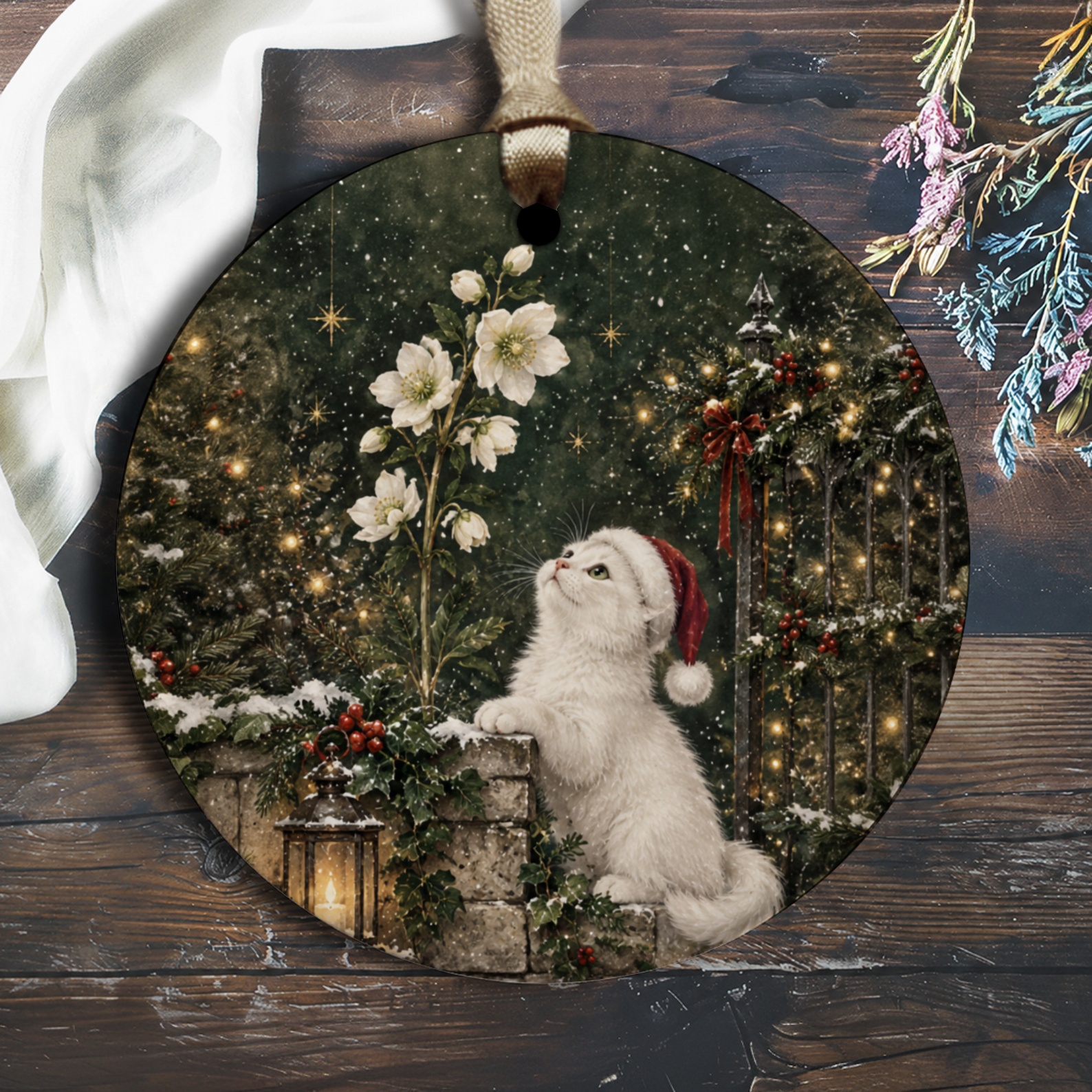 Christmas Cat Ornament Cute Holiday Decor White Cat With Santa Hat Floral Winter Decoration Gift For Cat Lovers O3111