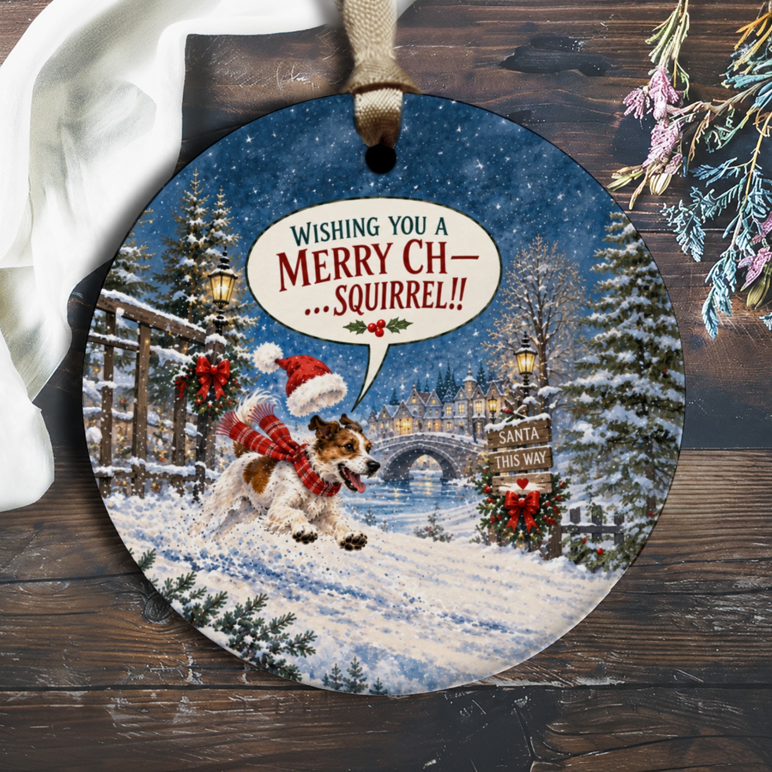 Wishing You A Merry Ch-Squirrel!! Funny Christmas Ornament Dog In Snowy Scene Holiday Decor Cute Winter Gift O3117