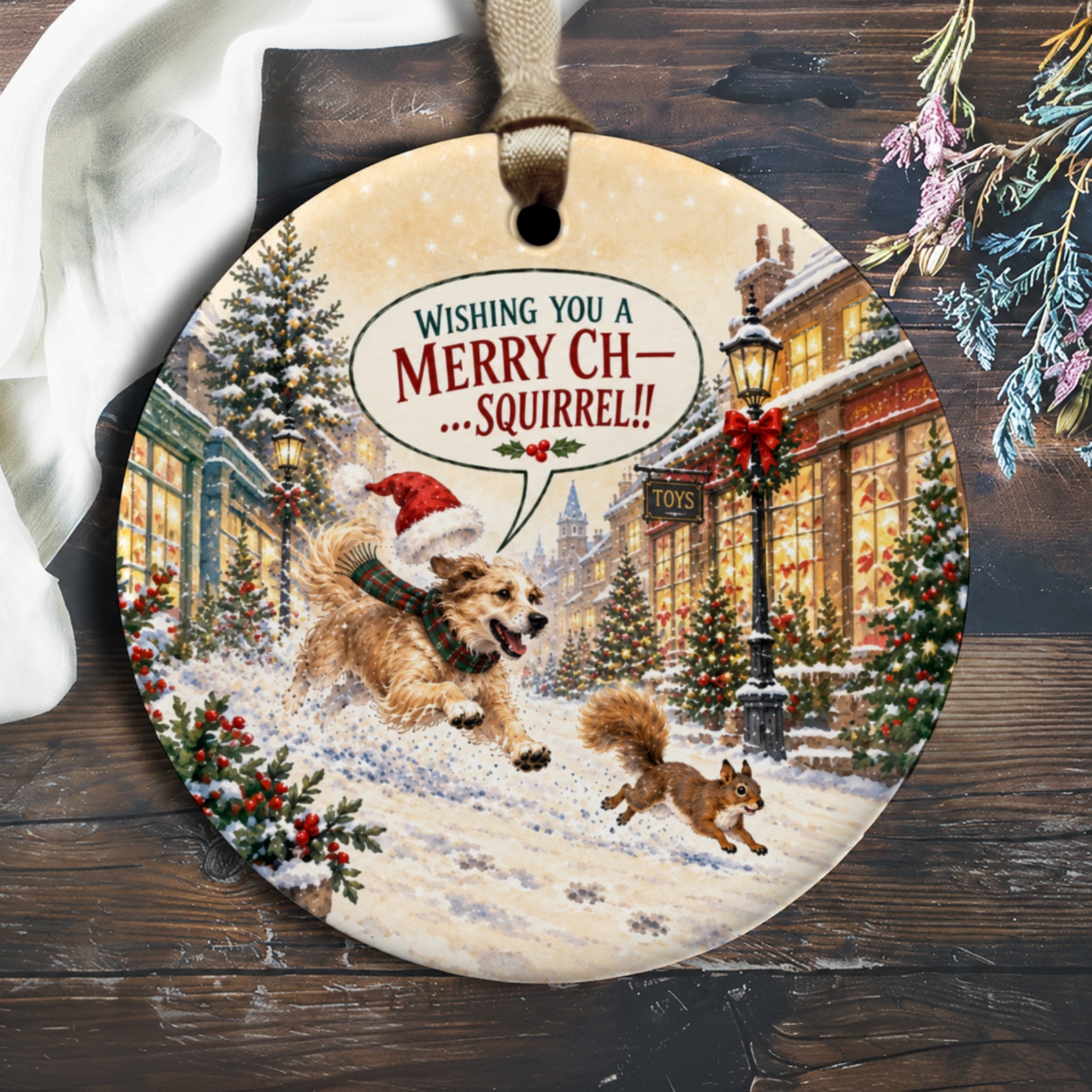 Wishing You A Merry Ch-Squirrel!! Funny Christmas Ornament Dog And Squirrel Winter Scene Holiday Decor Cute Animal O3118