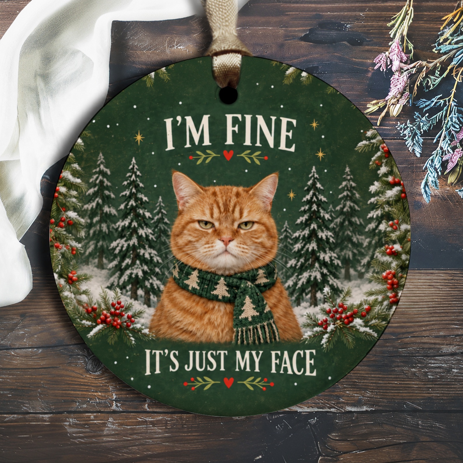 I'm Fine It's Just My Face Funny Cat Ornament Christmas Tree Decoration Cute Holiday Gift For Cat Lovers Winter O3119