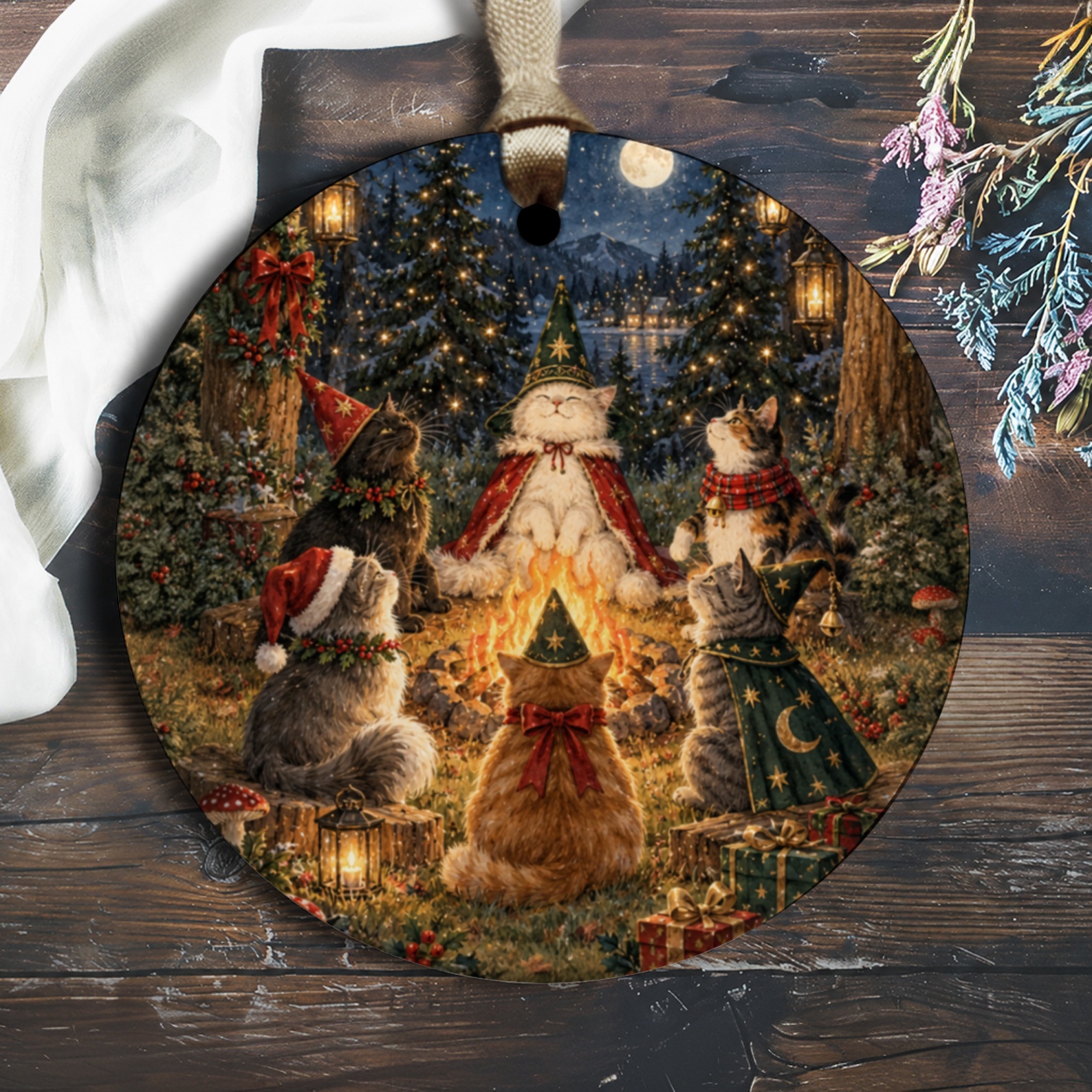 Christmas Cats Ornament Festive Holiday Decor Cute Cat Lover Gift Winter Scene Ornament Cozy Campfire Christmas Tree O3125