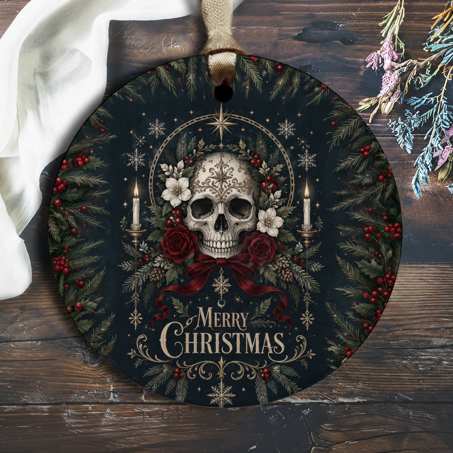 Merry Christmas Gothic Skull Ornament Holiday Decor Dark Floral Candle Unique Christmas Tree Decoration O3127